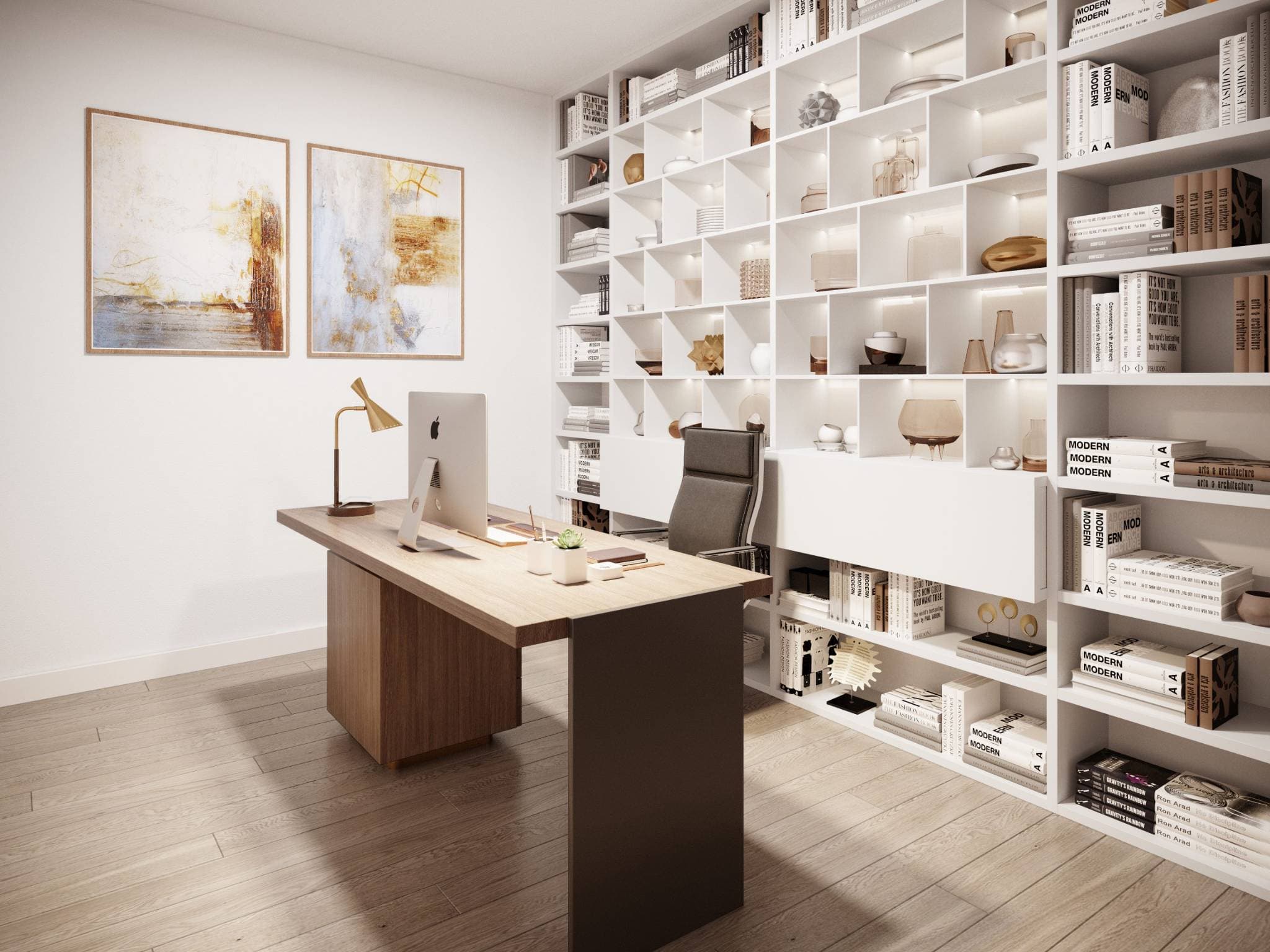 West58 – A modern home office features a wood and dark metal desk with a desktop computer, paired with a sleek office chair. Behind the workspace stands an extensive, backlit floor-to-ceiling white bookcase filled with organized books and decorative objects, set over light wood flooring.