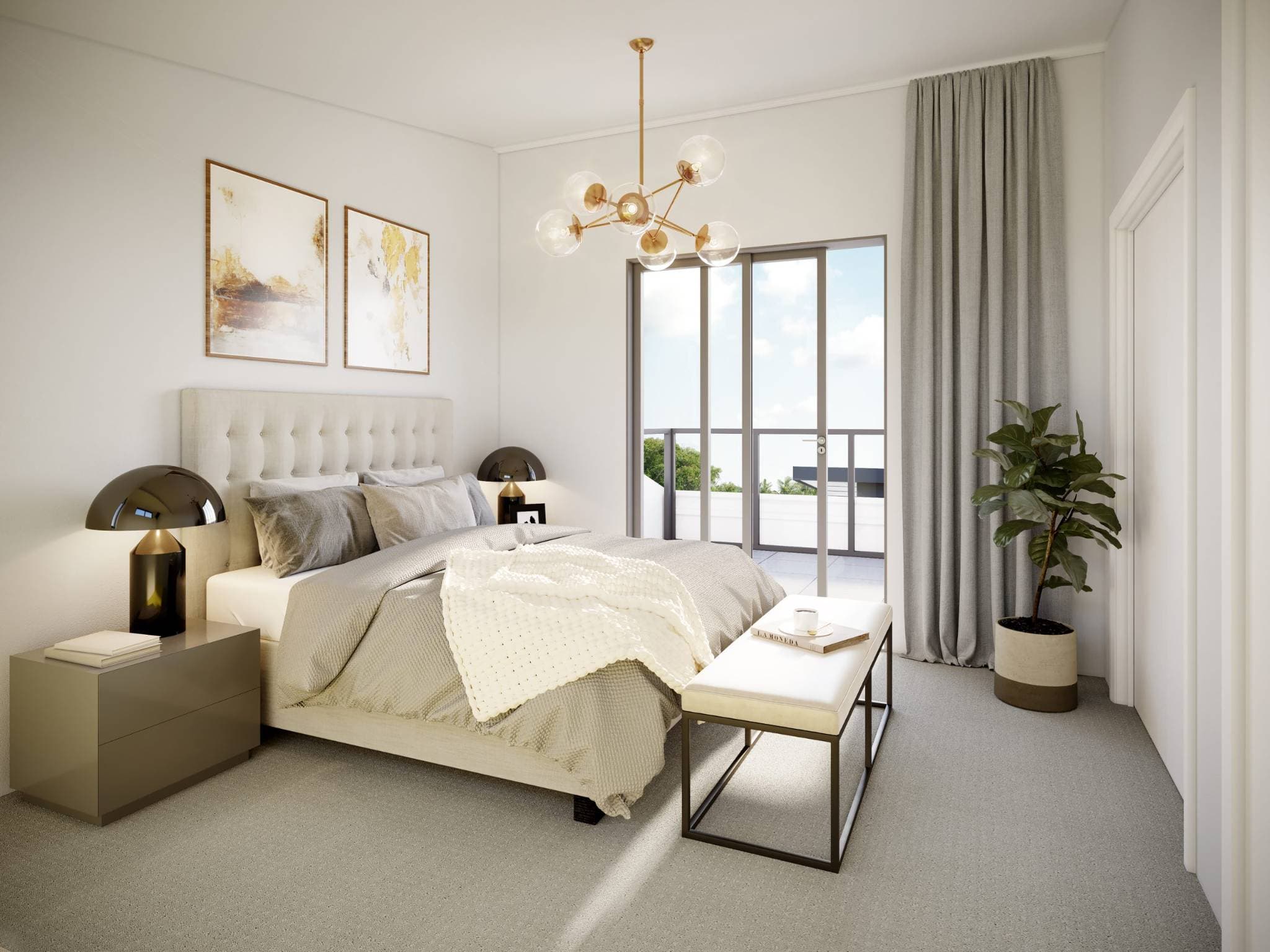 West58 – A bright, elegantly styled bedroom with neutral tones, featuring a tufted upholstered bed, a contemporary brass globe chandelier, and a bench at the foot of the bed. Sliding glass doors lead out to a private balcony letting in abundant natural daylight alongside a potted indoor tree.