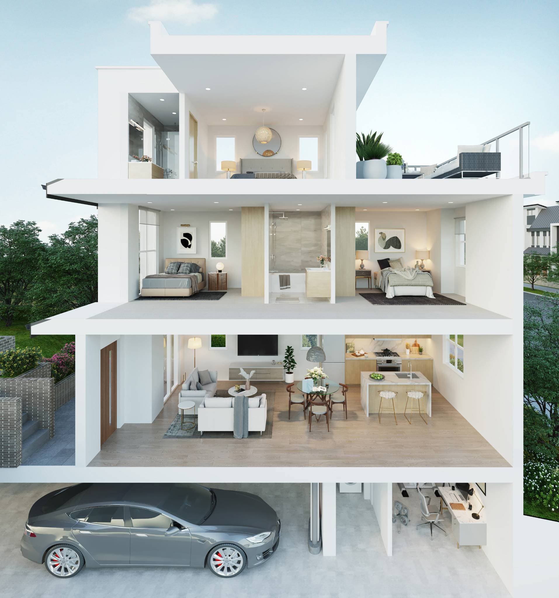 West58 – A multi-level architectural 3D cutaway rendering of a modern townhouse, showing a bottom-level garage and home office, a main-level open-concept living and dining area with kitchen, an upper-level floor with two bedrooms and a bathroom, and a top-floor primary suite with a private rooftop terrace. The interior features contemporary light wood finishes, modern furnishings, neutral tones, and abunda