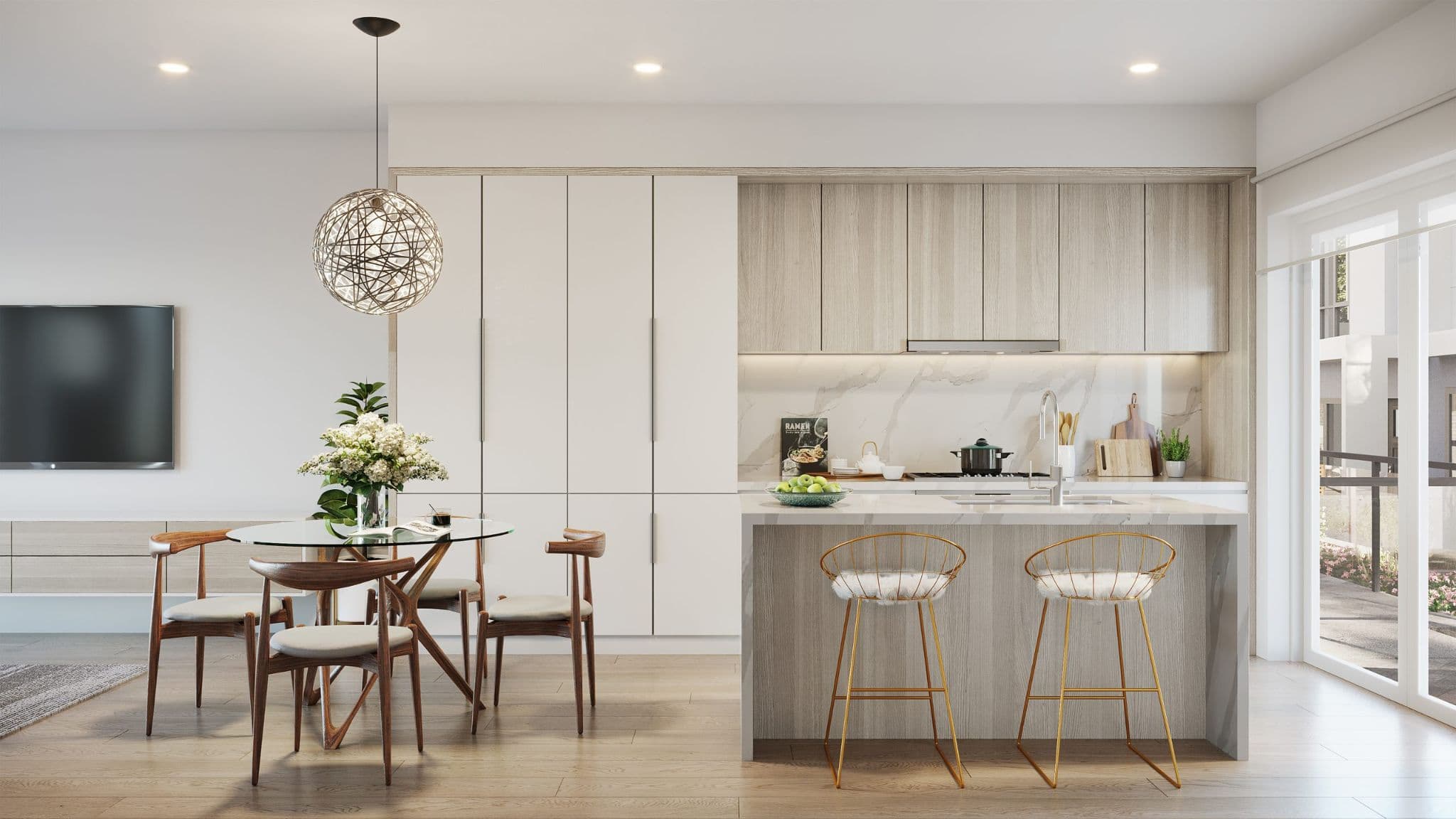 West58 – An open-concept modern kitchen and dining area featuring flat-panel light wood and white cabinetry, marble waterfall island countertops, and a matching marble backsplash. The space is furnished with a glass-top dining table, wooden chairs under a woven sphere pendant light, and two gold wire barstools at the island counter, illuminated by bright daylight from large glass doors.