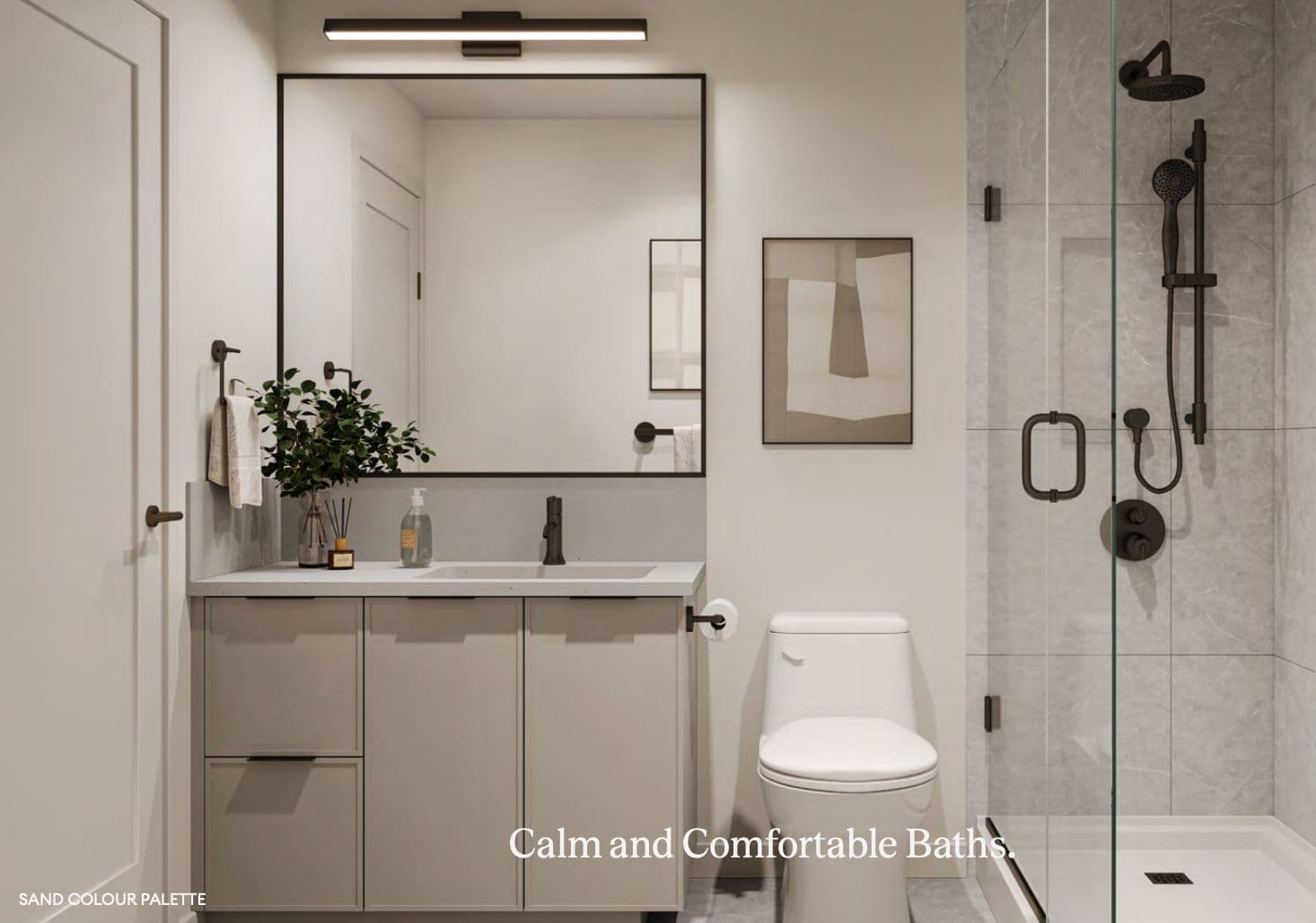 Carmel – Marketing rendering of a bathroom with vanity, toilet, and glass shower in the warmer 'Sand Colour Palette' scheme.