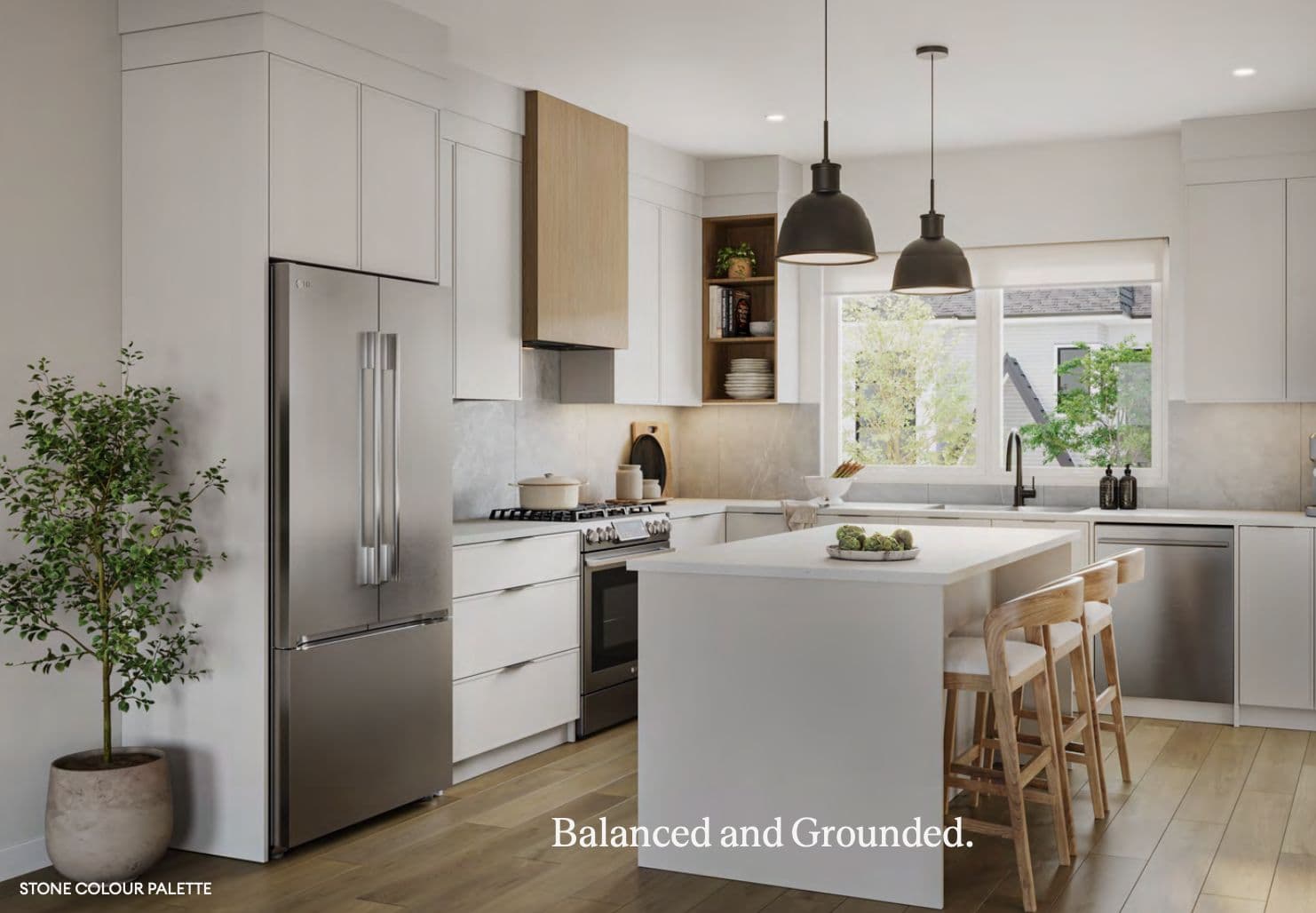 Carmel – Marketing rendering of a white kitchen with island, stainless steel refrigerator and range, and pendant lighting, labeled 'Stone Colour Palette'.