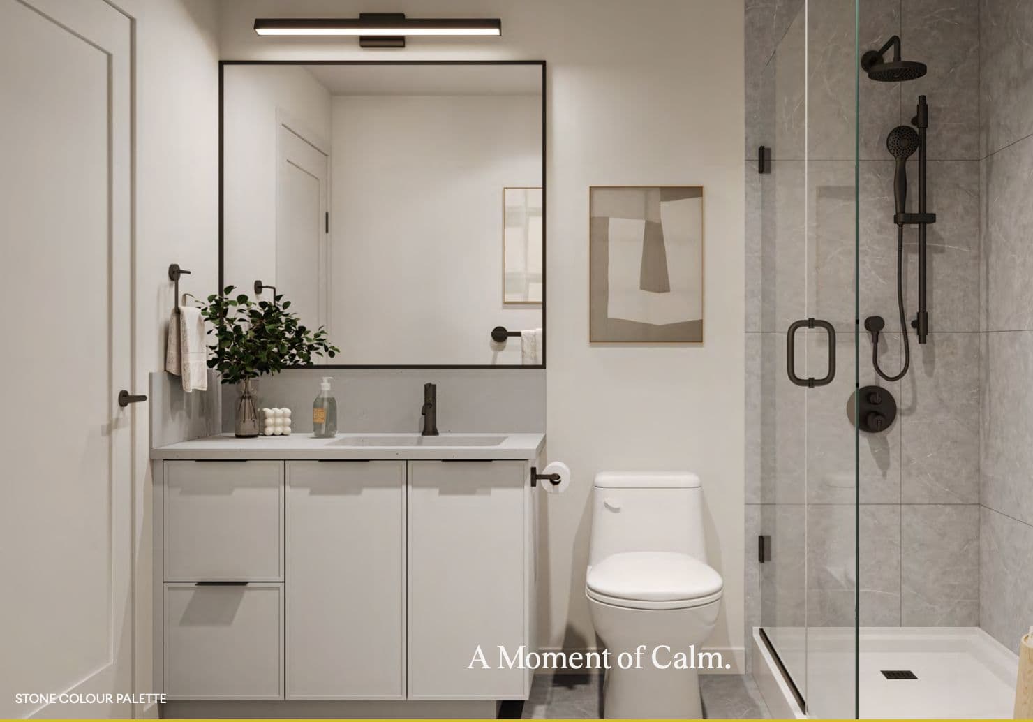 Carmel – Marketing rendering of a bathroom with a large vanity mirror, toilet, and glass-enclosed shower with black fixtures, labeled 'Stone Colour Palette'.