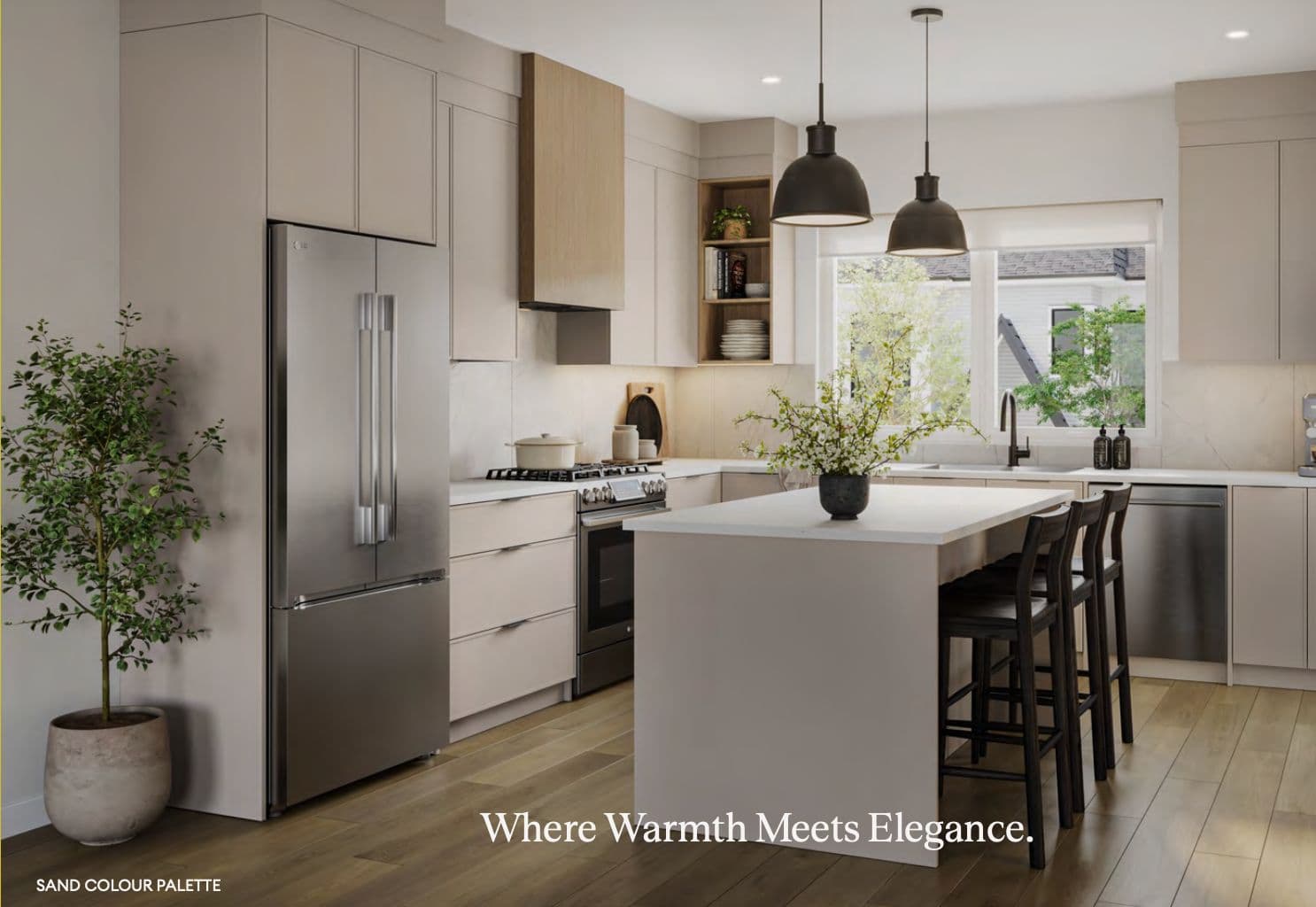 Carmel – Marketing rendering of a warm-toned kitchen with island, dark bar stools, and stainless appliances, labeled 'Sand Colour Palette'.