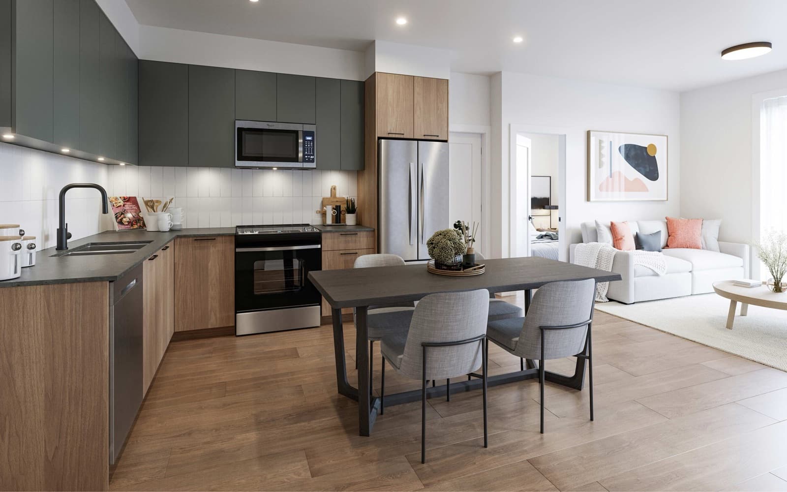 City and Laurel – Open-concept kitchen, dining, and living room rendering with dark green cabinetry, stainless steel appliances, a dining table, and a white sofa in the connected living area.