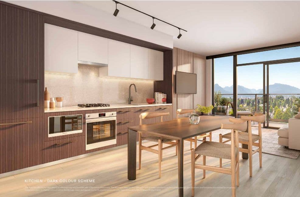 Frame – Kitchen in a dark wood colour scheme with a gas cooktop, wall oven, and dining table, with mountain views through floor-to-ceiling windows.
