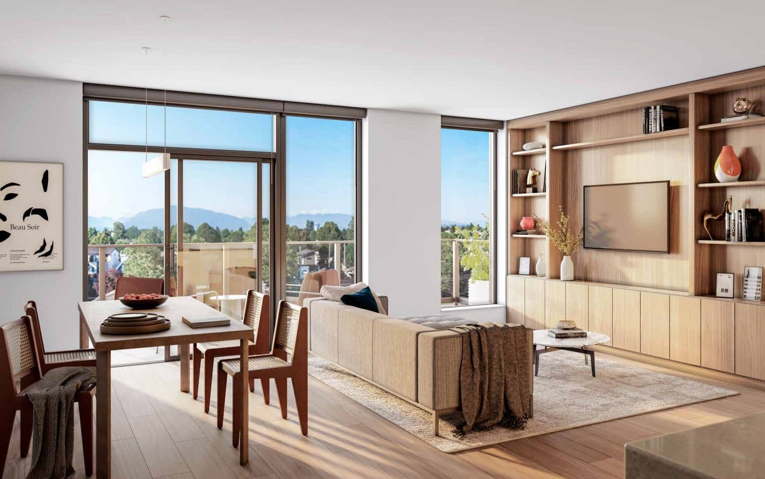 Frame – Living and dining area with a wood-panelled media wall, built-in shelving, sectional sofa, and a wall of windows showing blue sky and mountains.