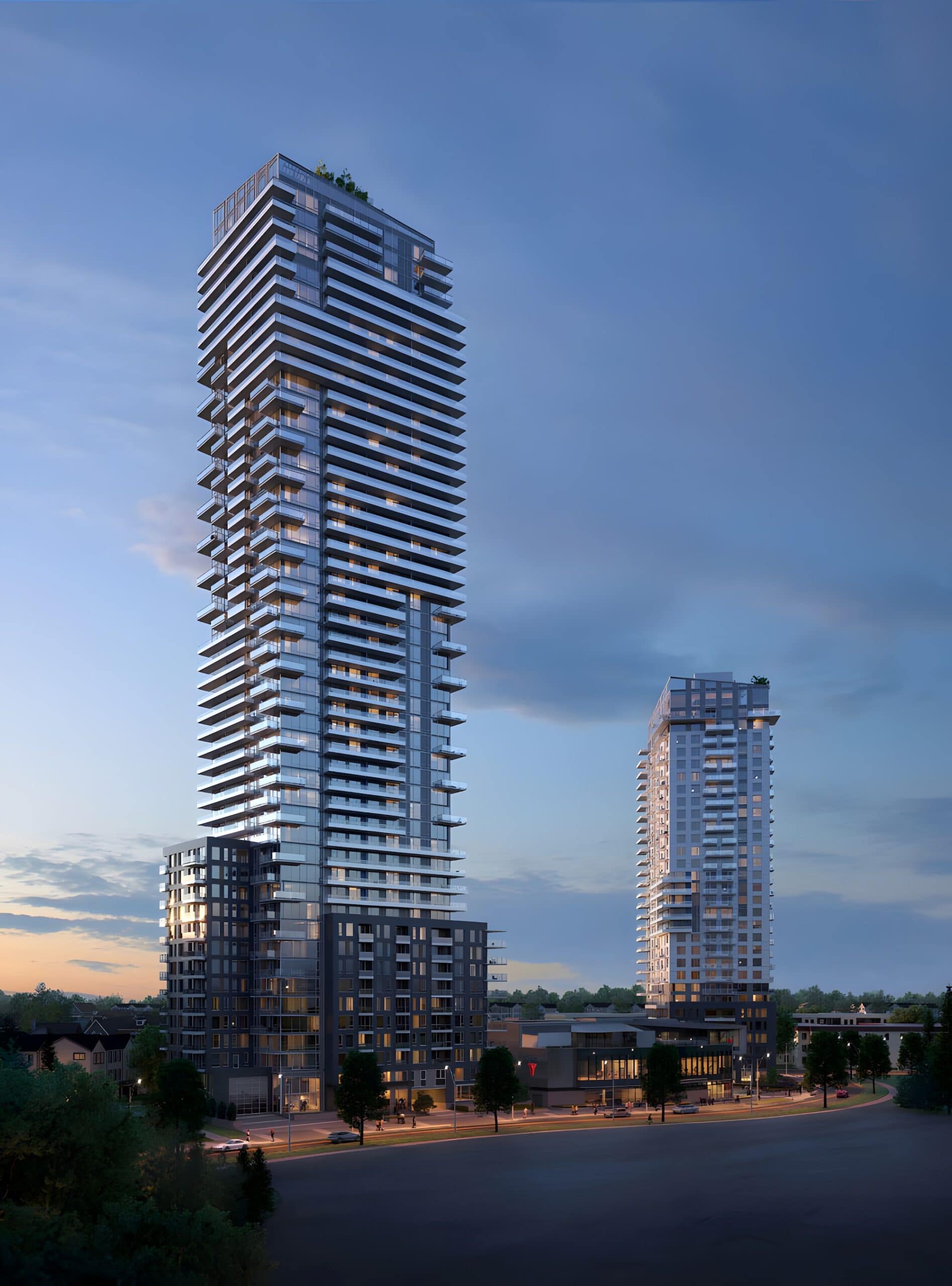 Myriad – Twilight rendering of a tall glass condo tower with stepped balconies over a mid-rise podium, next to another high-rise tower and a street-level retail plaza.