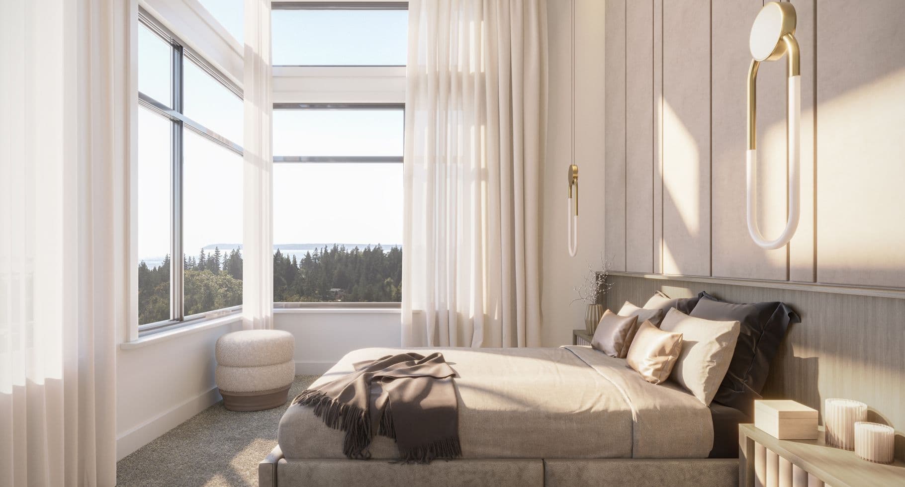 Amson Bloc – A bright, elegant primary bedroom features a modern bed set against a paneled feature wall with contemporary brass light fixtures and sheer curtains. Floor-to-ceiling corner windows flood the room with warm sunlight and offer a serene, elevated view of lush green treetops and distant water.