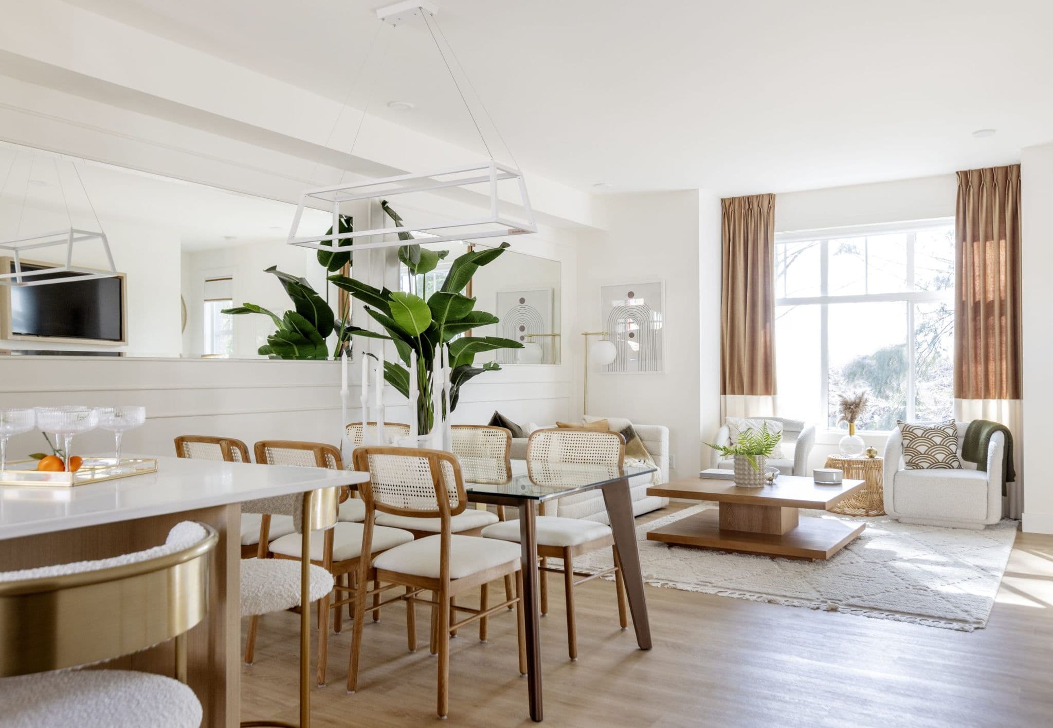 The Loop – Open-concept dining and living area with a rattan dining set, large potted plant, patterned rug, and tall window with curtains.
