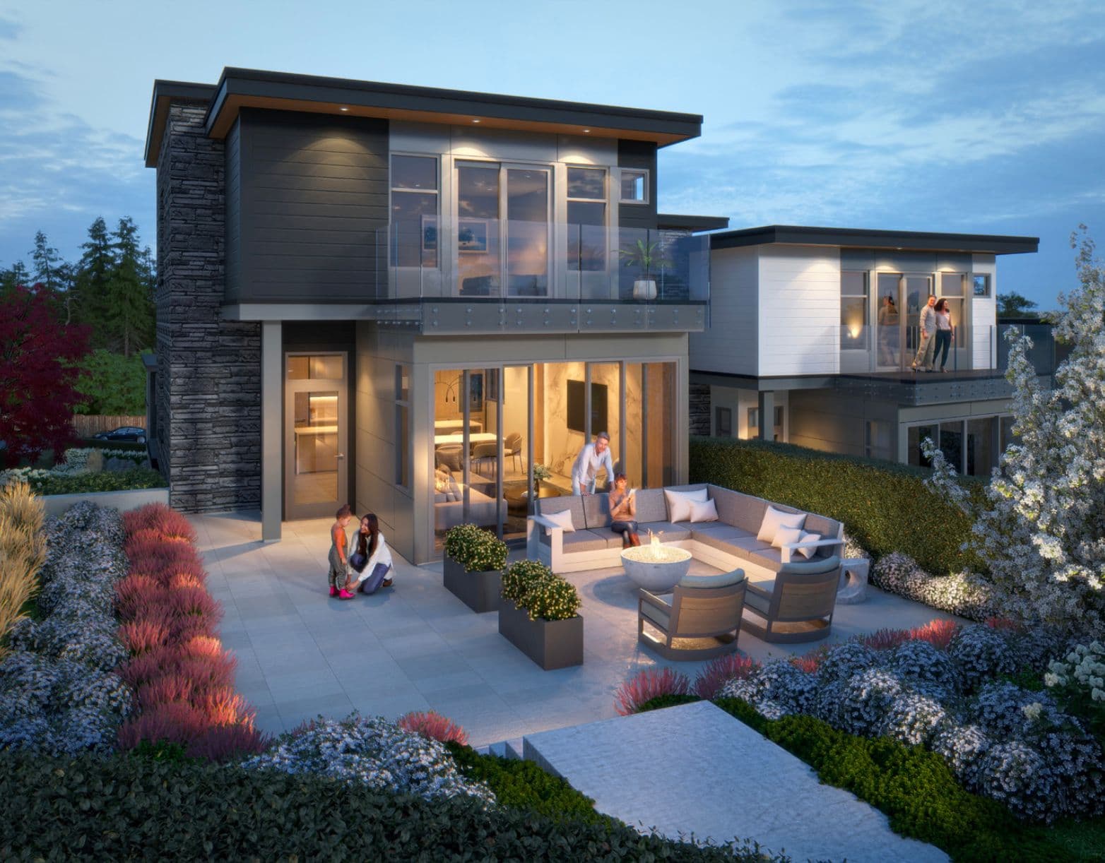 Evelyn – Twilight exterior view of a modern home's backyard patio with a fire pit and family gathered around it.