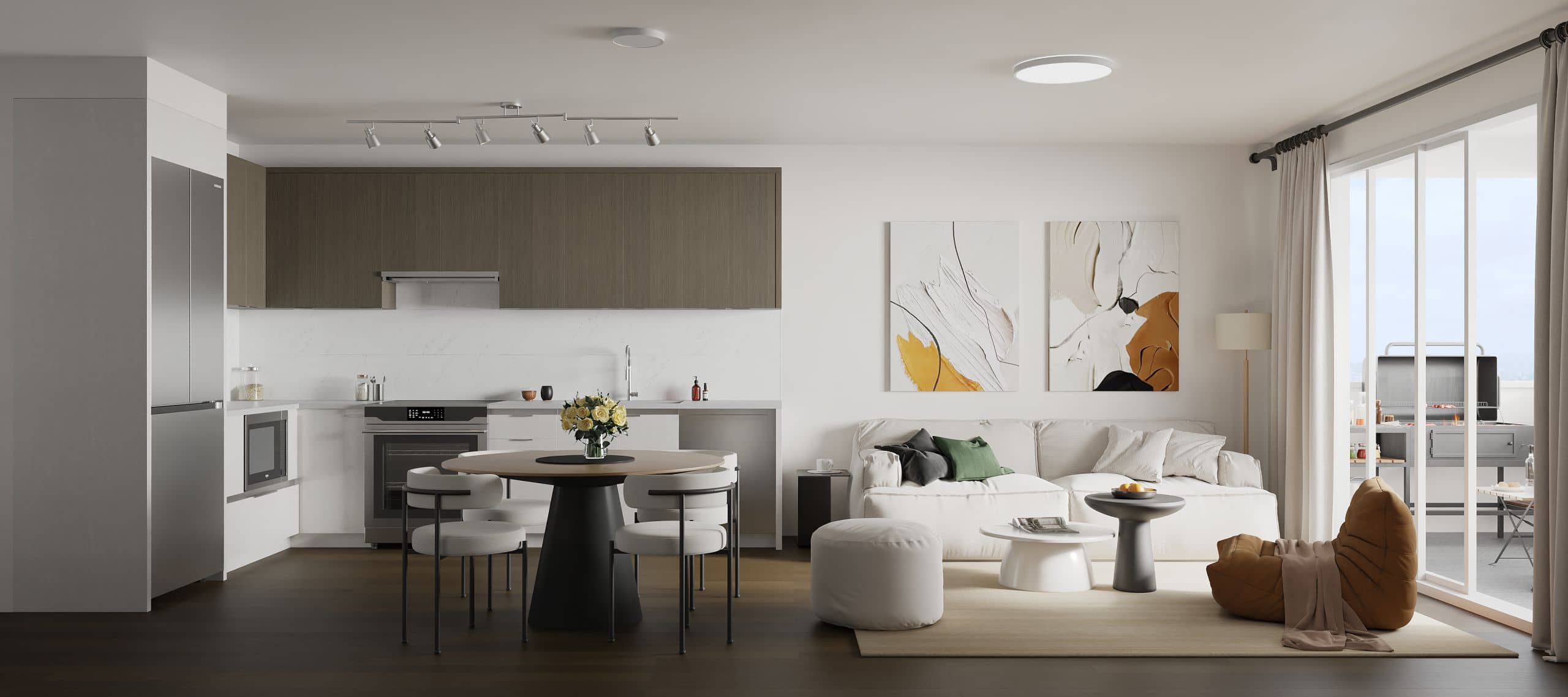 Terra Garden – A bright, open-concept living and dining space featuring a modern single-wall kitchen with sleek cabinetry, stainless steel appliances, and a round dining set. Adjacent sits a comfortable lounge area with a white sofa, abstract wall art, and large sliding glass doors opening onto a sunny balcony.