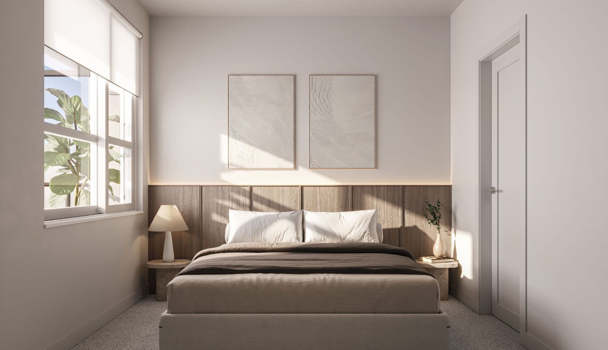 The Merchant – Bedroom with a wood wall panel headboard, neutral bedding, two nightstands with lamps, and a window with a potted plant.