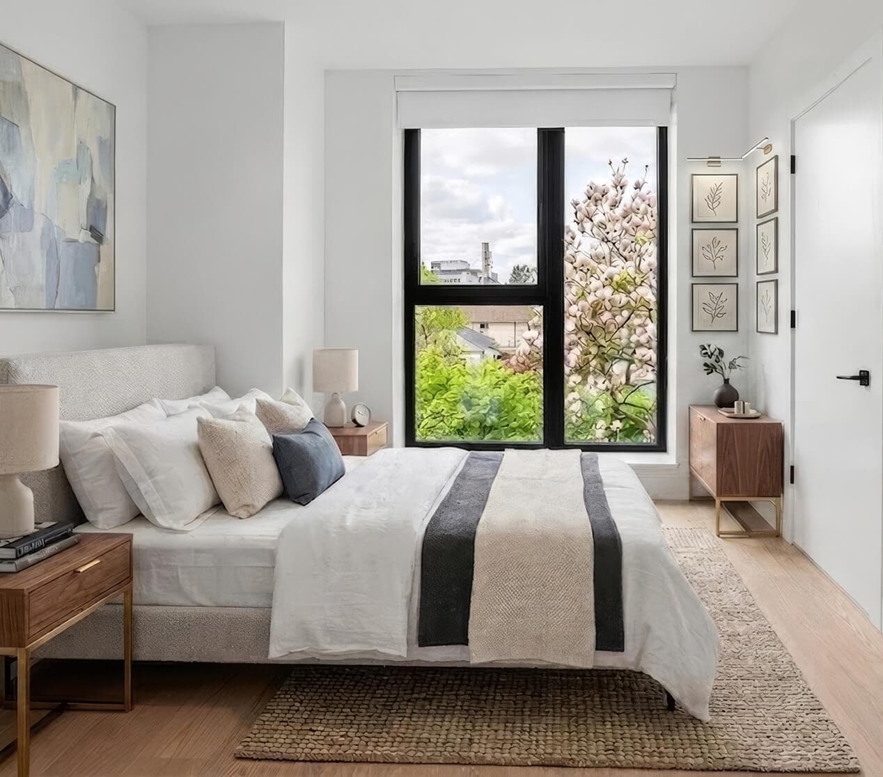 Nolia – A bright, contemporary bedroom features a made bed with neutral and blue accent pillows, flanked by mid-century modern wooden nightstands on light hardwood floors. A tall black-framed window offers natural daylight and views of lush green trees and blooming foliage outside.