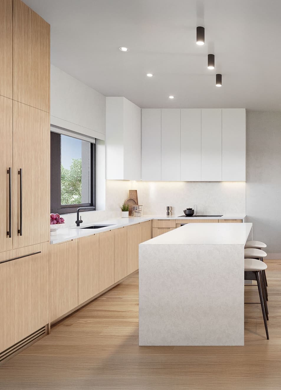 Nolia – A bright, minimalist kitchen features light wood lower cabinets and tall storage paired with sleek white upper cabinetry and a large waterfall island. Natural daylight enters through a window by the black-faucet sink, illuminating light hardwood floors and modern ceiling spotlights.