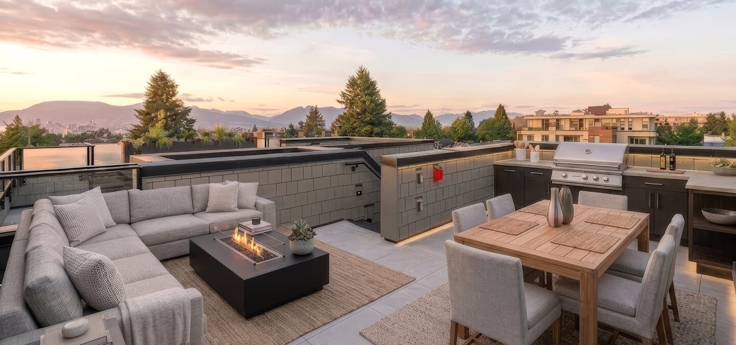 Nolia – A rooftop patio features an outdoor kitchen with a built-in BBQ, a wooden dining table, and a sectional sofa arranged around a modern fire table. The space overlooks treetops, distant city buildings, and mountains under a warm sunset sky.