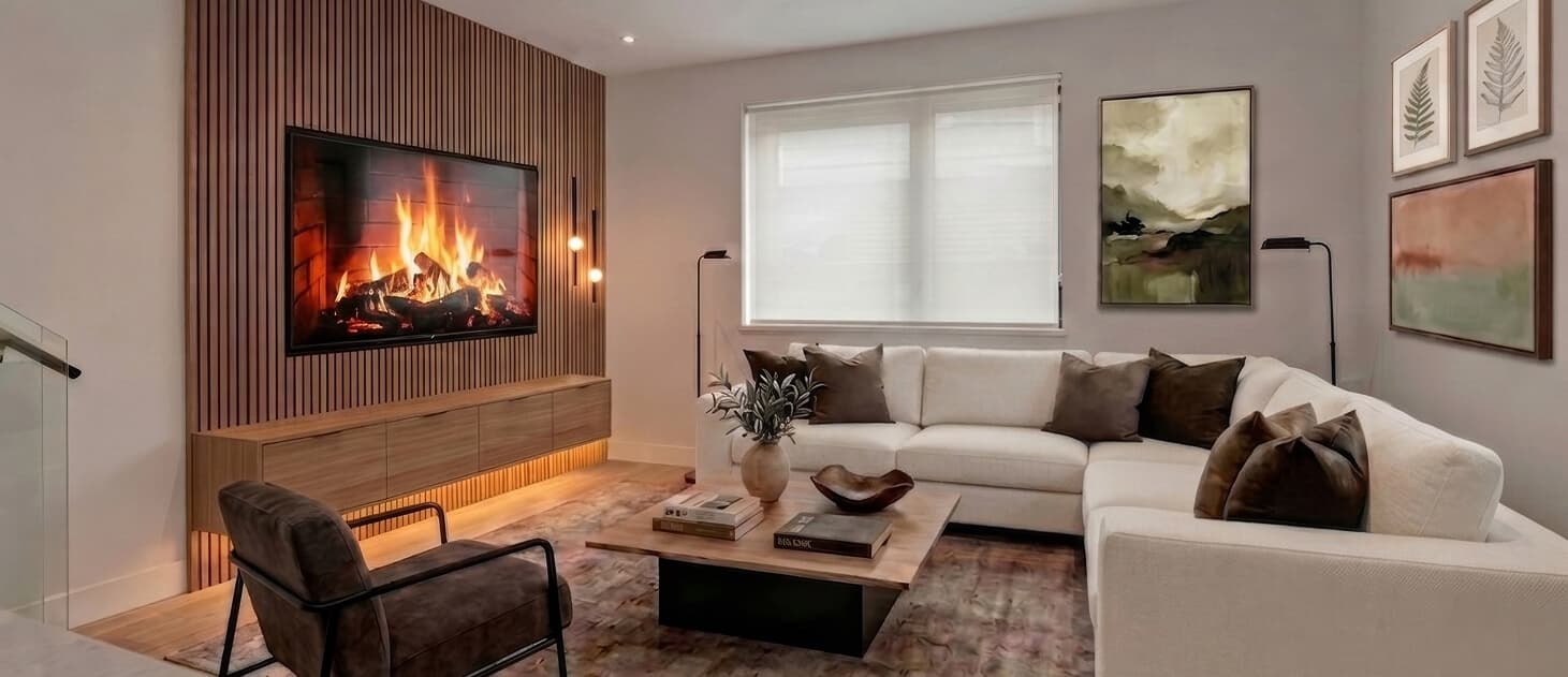 Nolia – A modern living room featuring a large off-white sectional sofa, accent armchair, and a square wooden coffee table over an area rug. An accent wall with vertical wood slats houses a wall-mounted TV displaying a roaring fire above a floating media console.