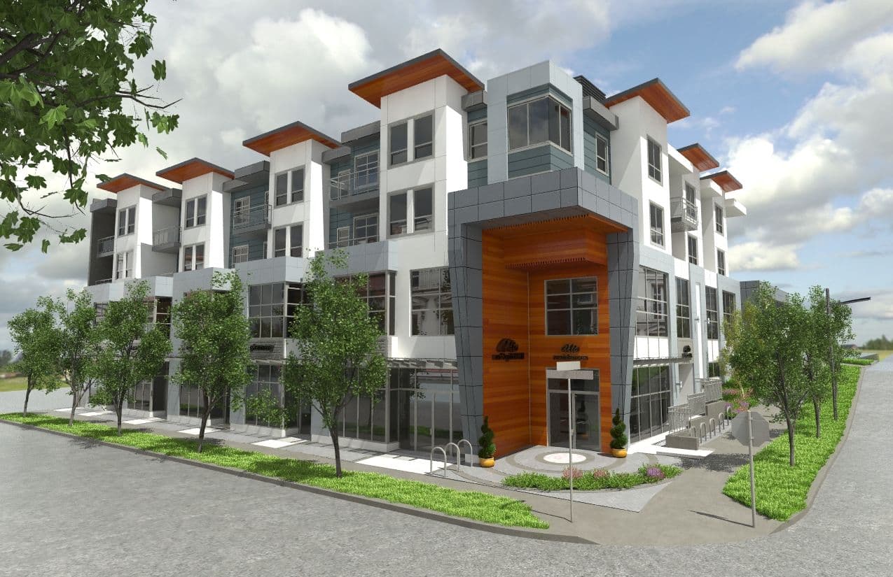 Alto – A four-story condo building with an orange wood-clad entrance feature and ground-floor commercial glazing, seen from a street corner under a cloudy sky.