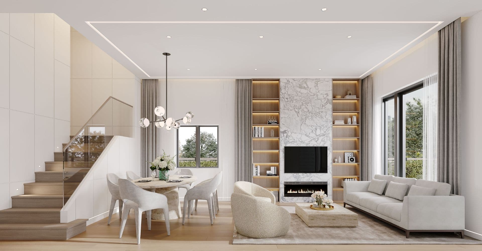 AderaWest – A bright, open-concept living and dining area features high ceilings, light wood floors, and a floating staircase with glass railings. The living space is centered around a modern marble-clad fireplace wall with integrated TV and backlit shelving, flanked by a curved bouclé armchair and a neutral sofa next to large glass patio doors.