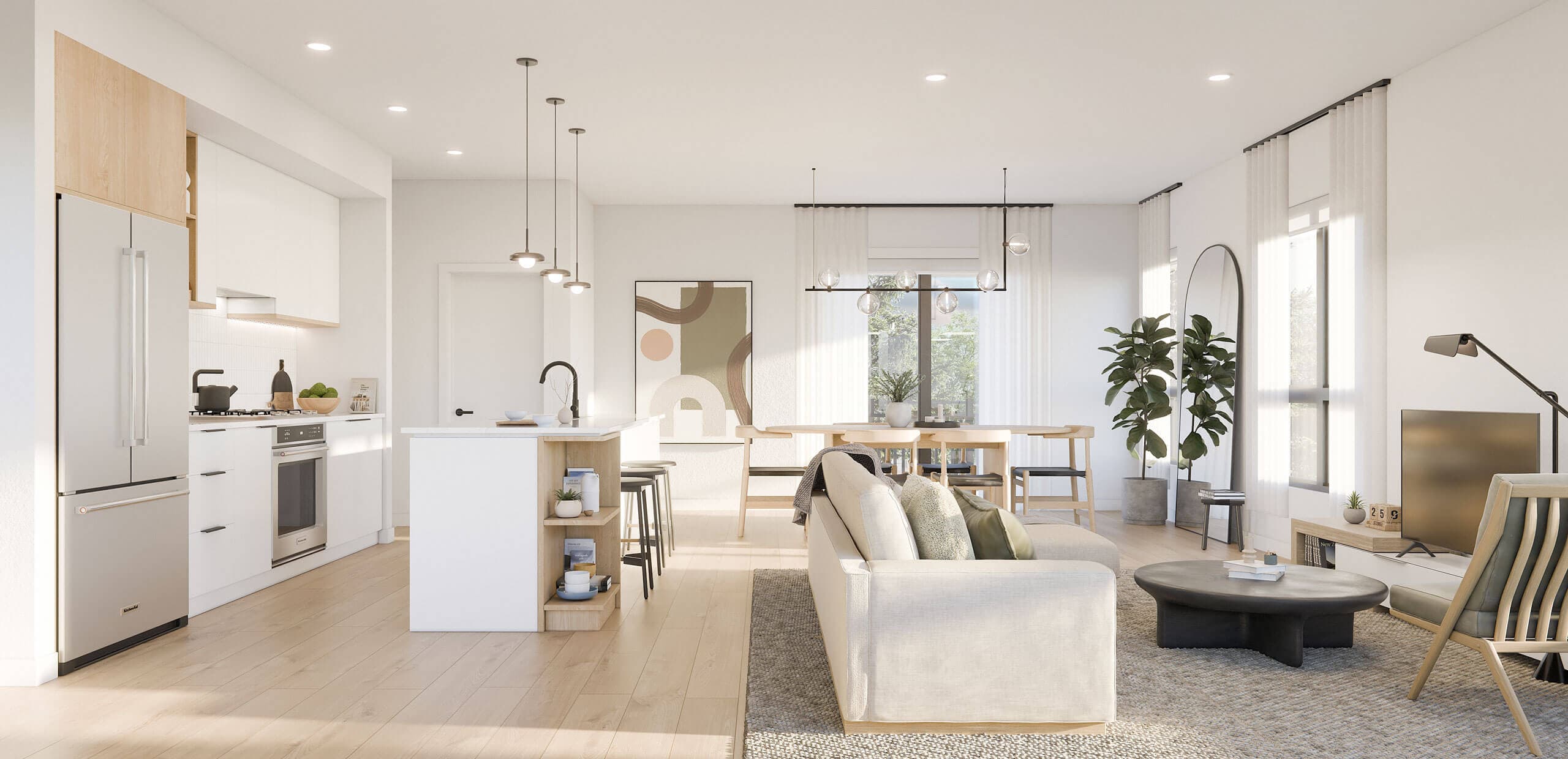 Mercer Village – Rendering of an open kitchen, dining, and living room with white cabinetry, wood accents, a center island, and large windows.