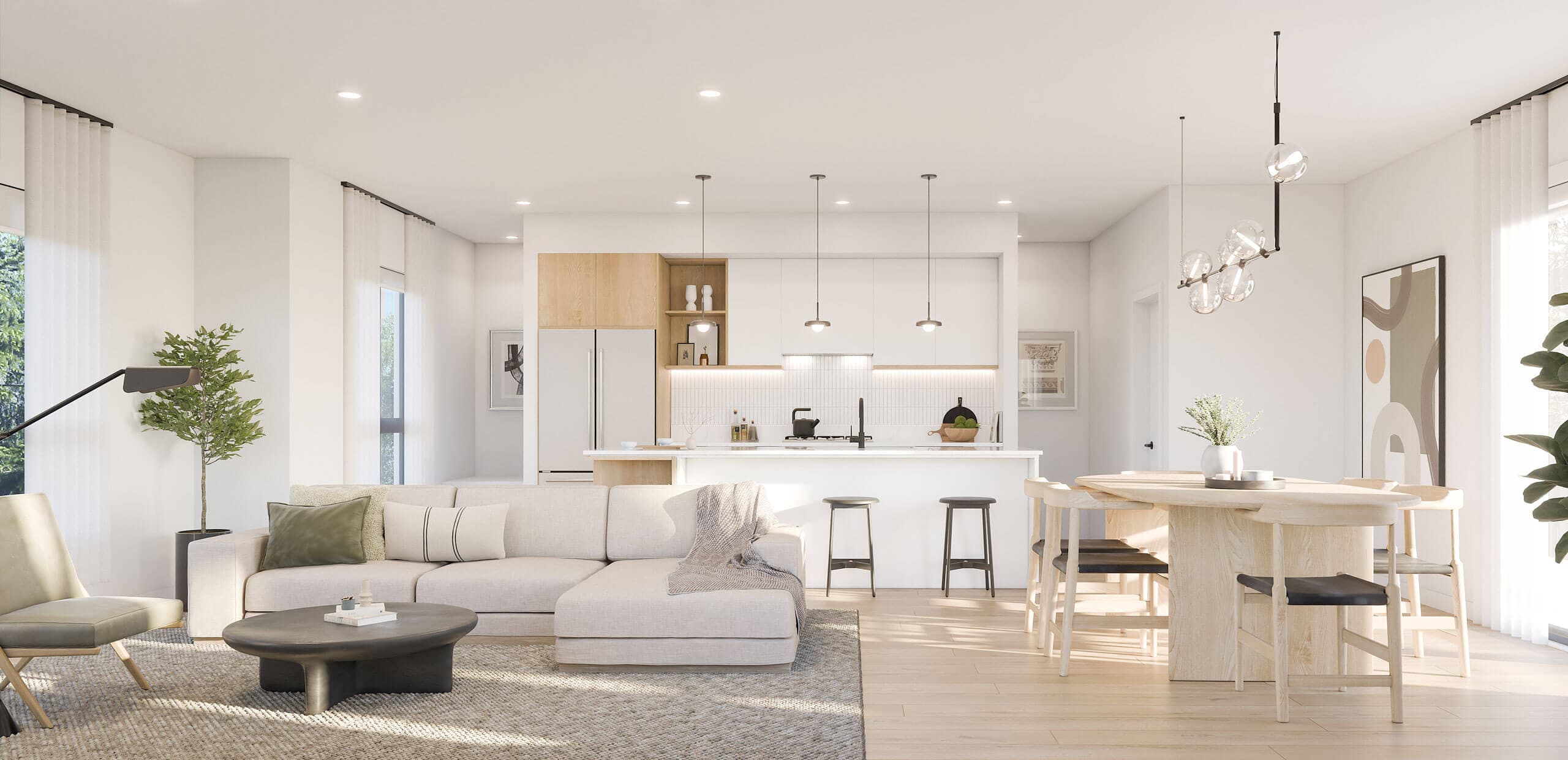 Mercer Village – Rendering of another open-concept living space with a white and wood kitchen, gray sectional sofa, and round wood dining table.
