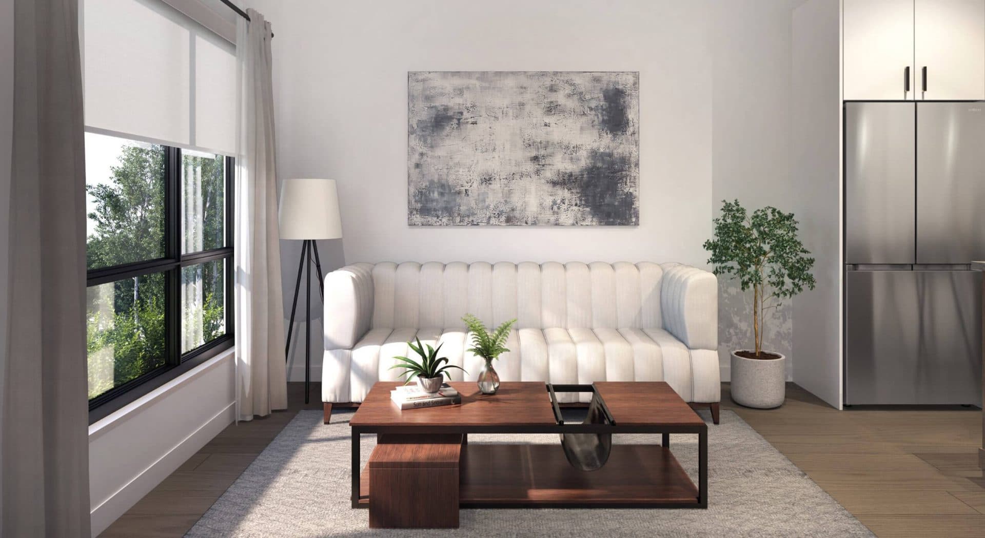 Guilden – A living room with a white channel-tufted sofa, a dark wood coffee table, an abstract grey painting, a floor lamp, potted plants, and a stainless steel refrigerator visible to the right.