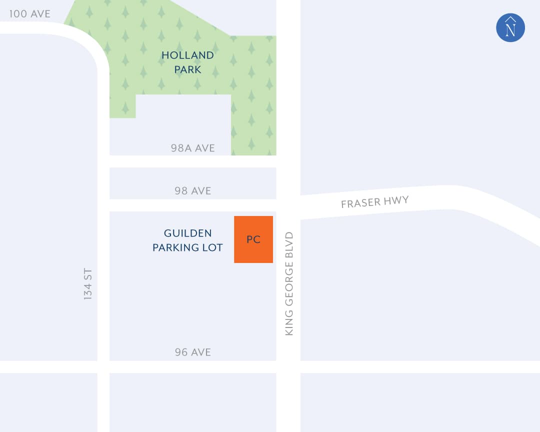 Guilden – A location map showing the Guilden parking lot site relative to Holland Park, 134 Street, King George Boulevard, and Fraser Highway.