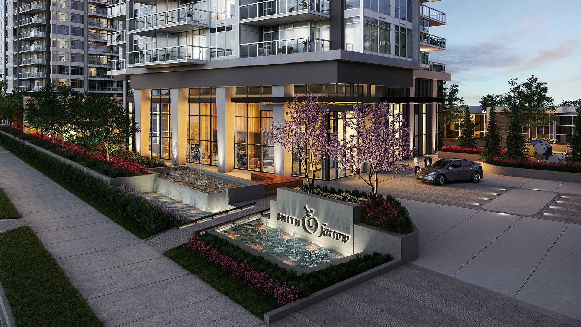 Smith & Farrow – An evening rendering of the building's entrance with lit lobby windows, cherry blossom trees, a water fountain feature, and a stone sign reading Smith & Farrow.