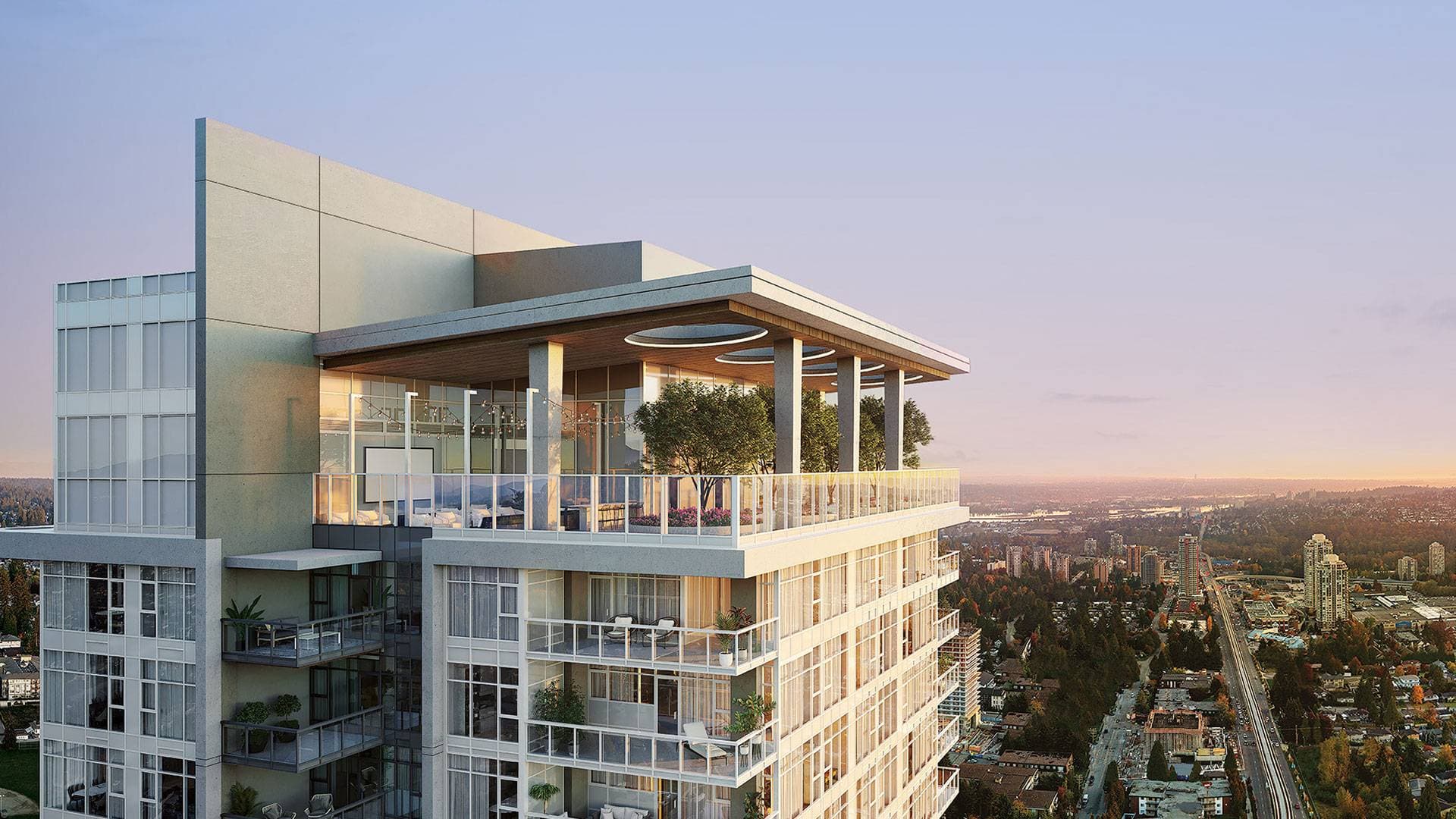 Smith & Farrow – A close-up rendering of a rooftop terrace at the top of the tower with string lights, seating, planters, and trees, overlooking the city at dusk.