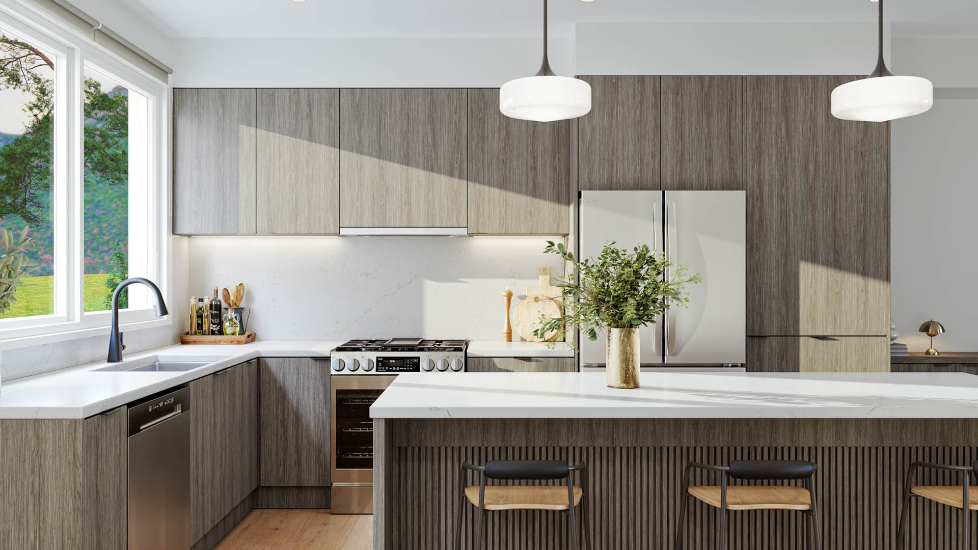 Kin & Kith – A modern kitchen featuring wood grain cabinetry, quartz countertops, a large island with stool seating, stainless steel appliances, and a window above the sink.