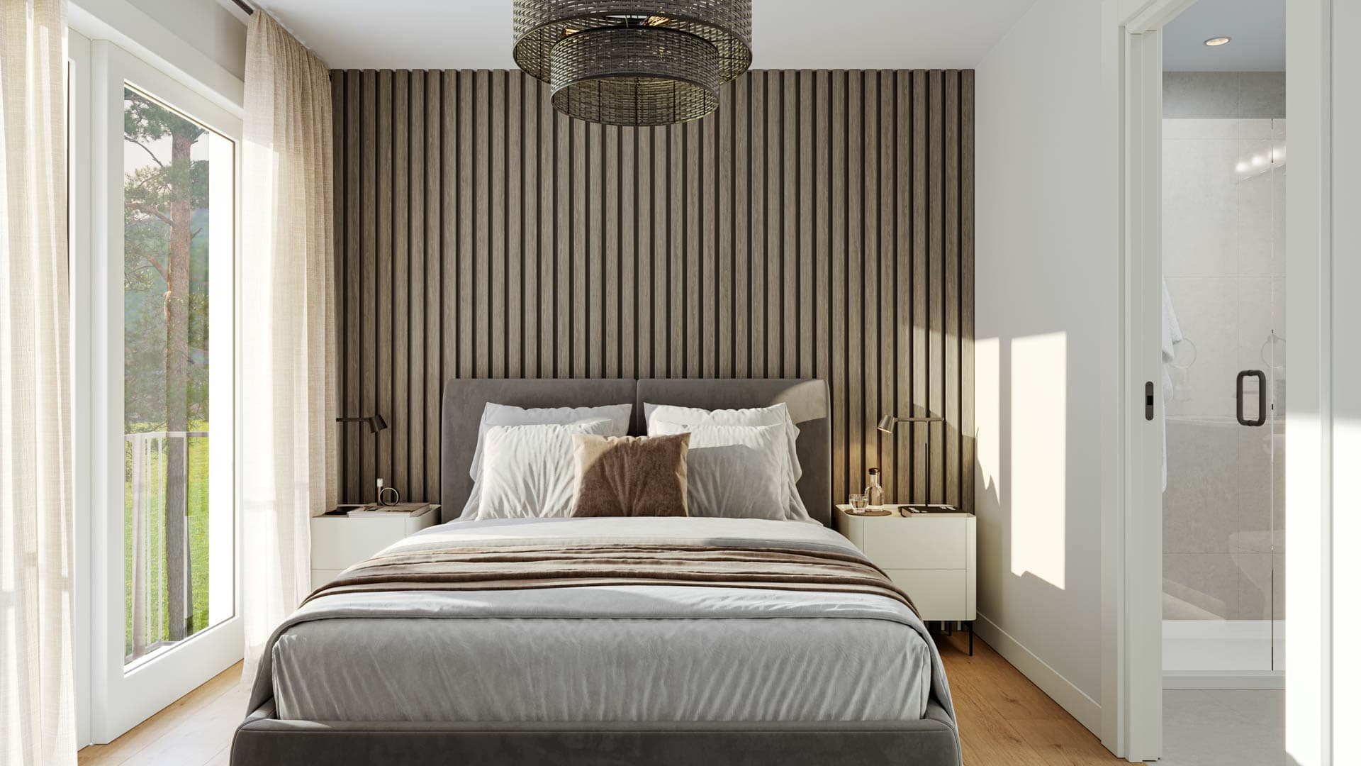 Kin & Kith – A primary bedroom featuring a wood slat accent wall, upholstered bed frame, sliding door leading to an ensuite bathroom, and large windows.