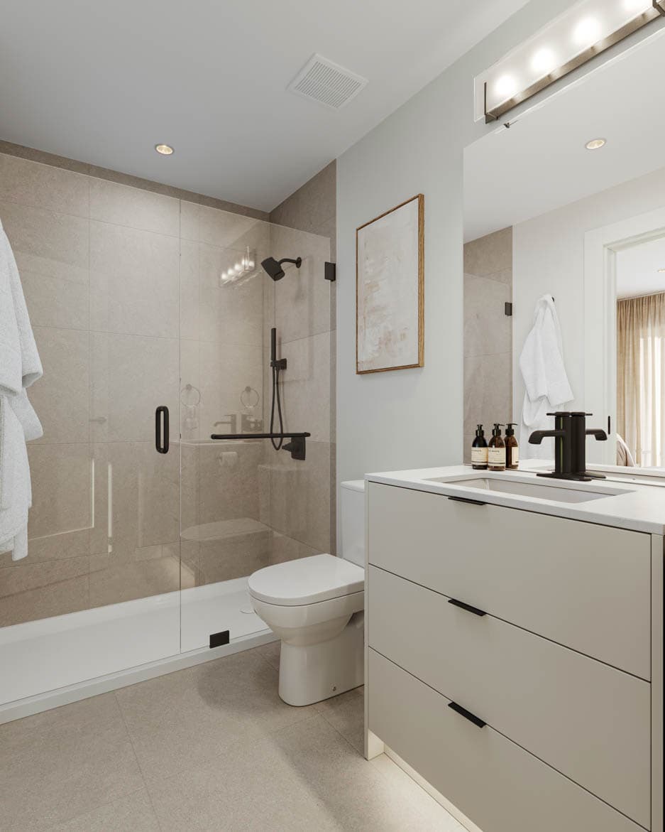 Kin & Kith – A modern bathroom featuring a walk-in glass shower stall, tiled wall, vanity with drawers, and black fixtures.