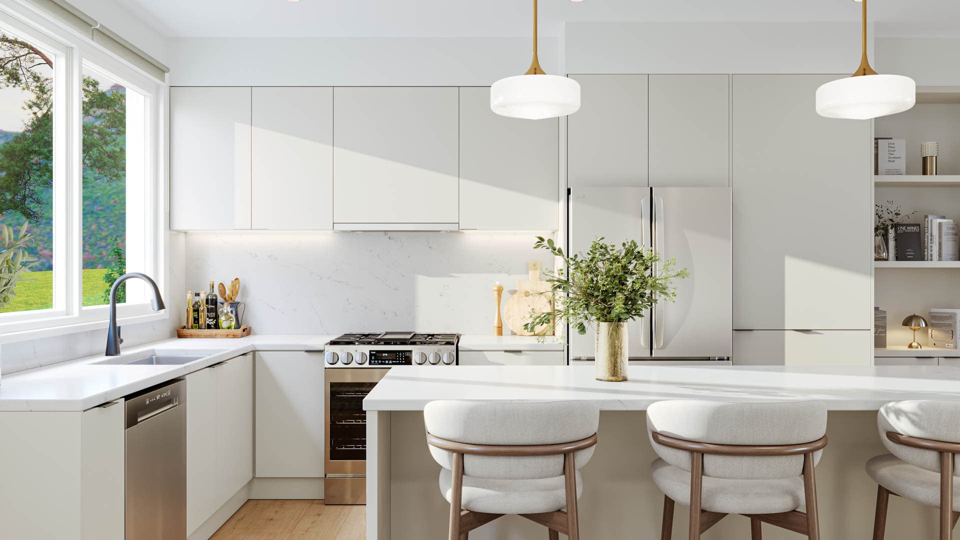 Kin & Kith – A light modern kitchen featuring off-white flat-panel cabinets, island with stools, gas range stove, and large window over the sink.