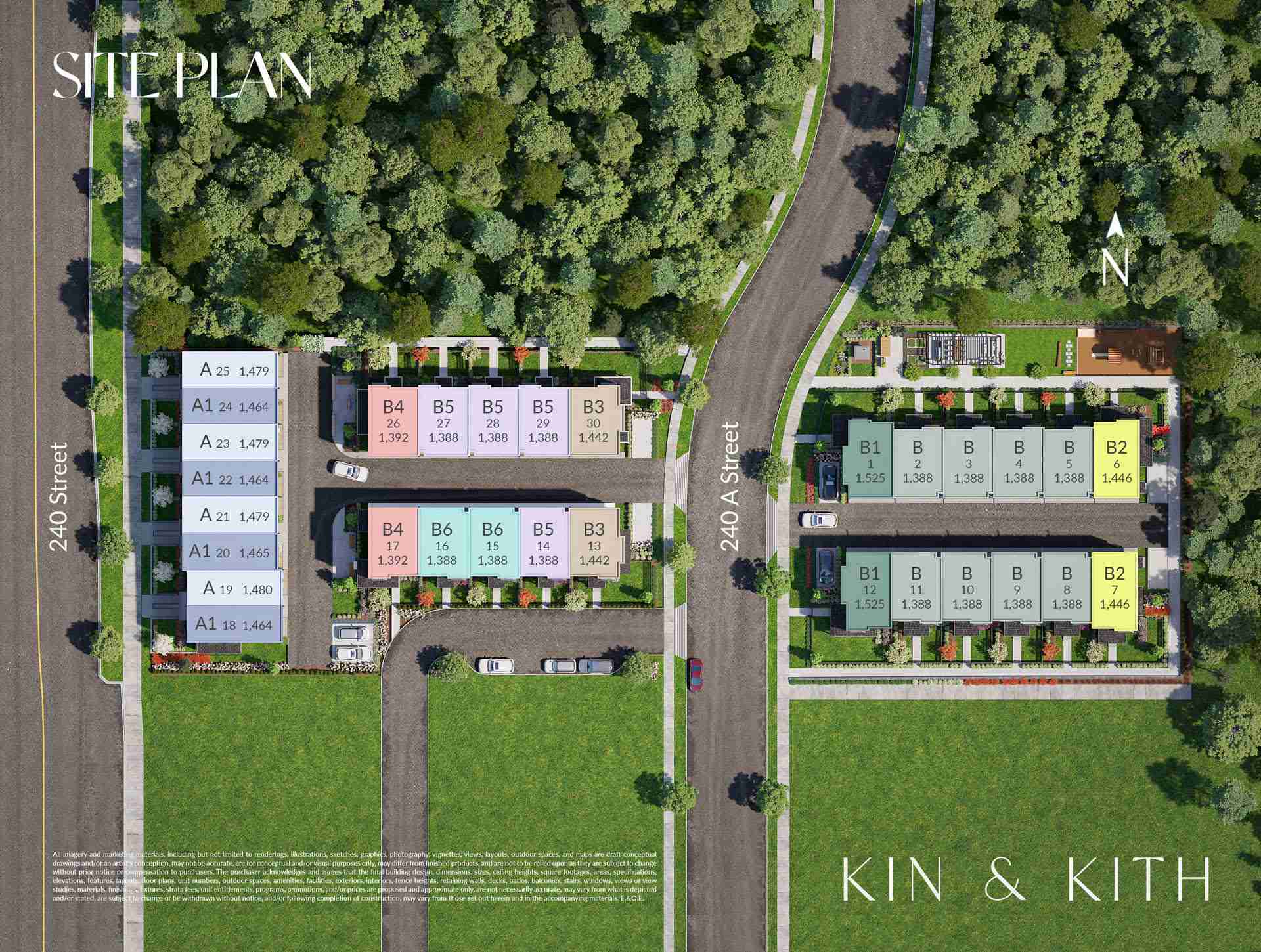 Kin & Kith – Aerial site plan showing the development layout, building blocks, unit numbers, square footage, and surrounding streets.