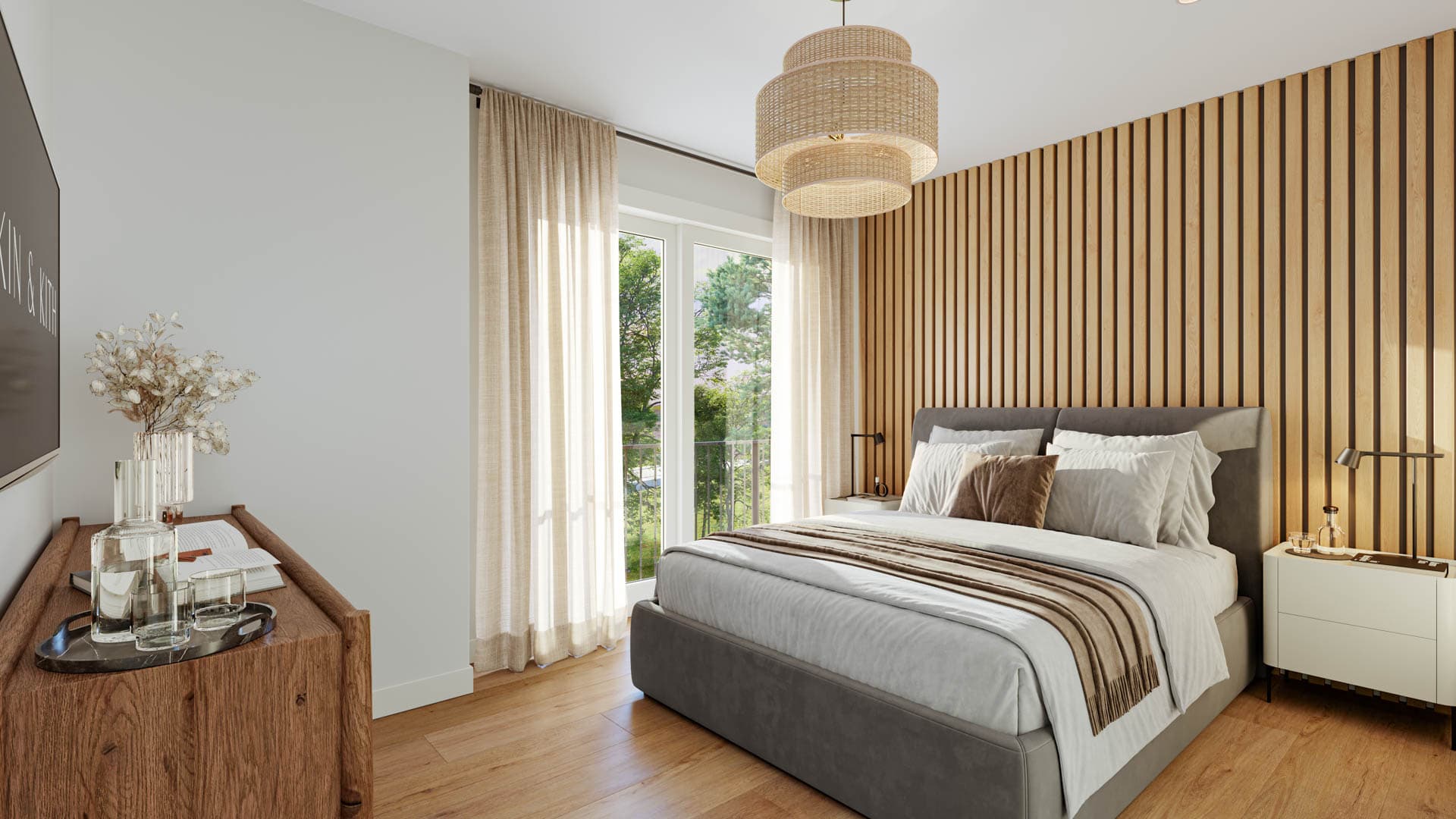 Kin & Kith – A bedroom featuring light oak slatted wall panels behind a padded bedframe, bedside tables, woven pendant lamp, and patio doors.