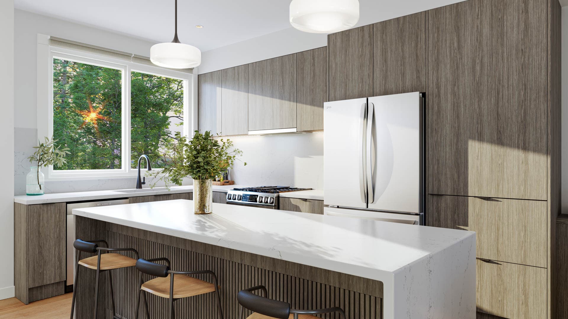 Kin & Kith – Kitchen featuring slatted wood island base with seating, quartz waterfall countertop, wood finish cabinetry, and window view of trees at sunset.