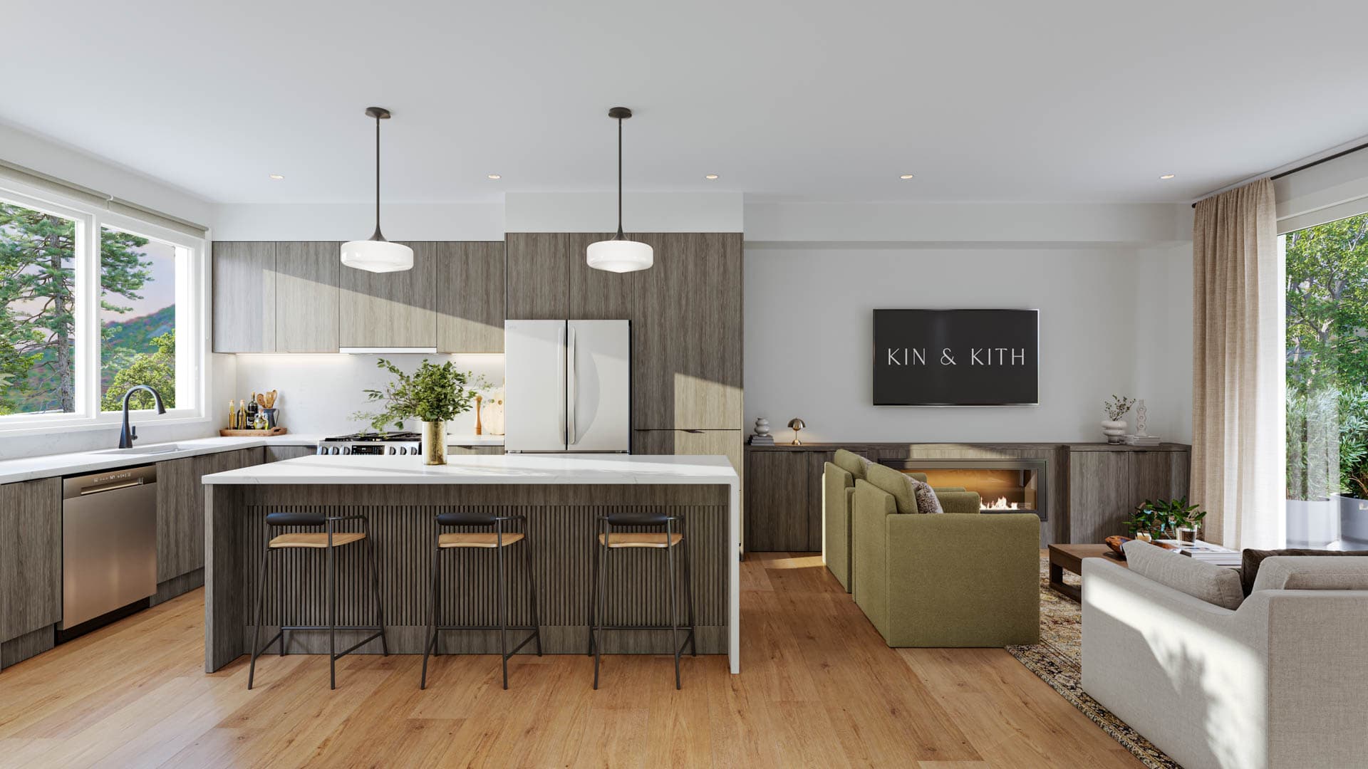 Kin & Kith – Open living room and kitchen in dark wood finish with matching slatted kitchen island, three barstools, and integrated living room console.