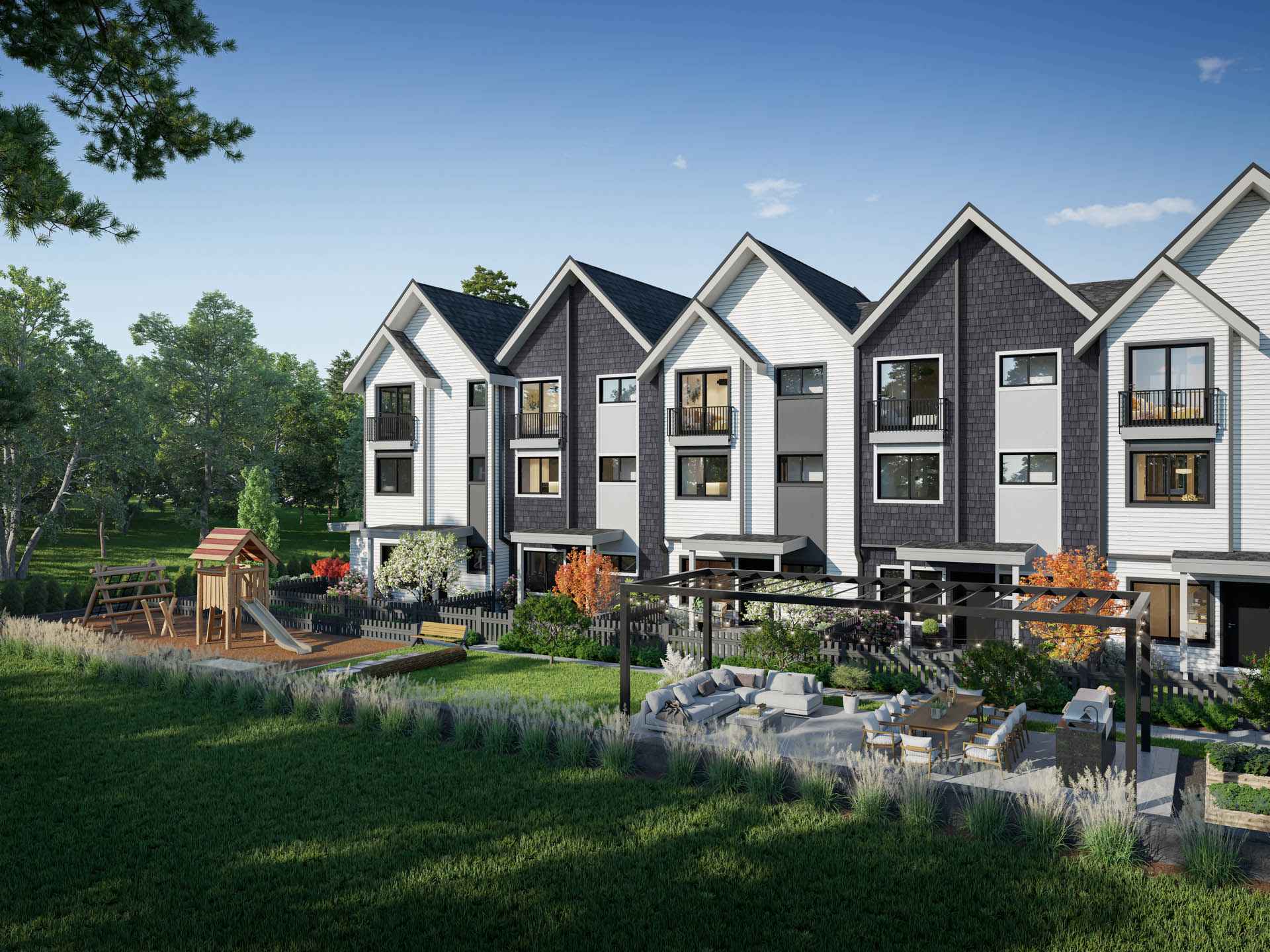 Kin & Kith – Outdoor amenity area featuring a outdoor pergola lounge with seating and dining space, BBQ area, and children's playground structure next to townhomes.