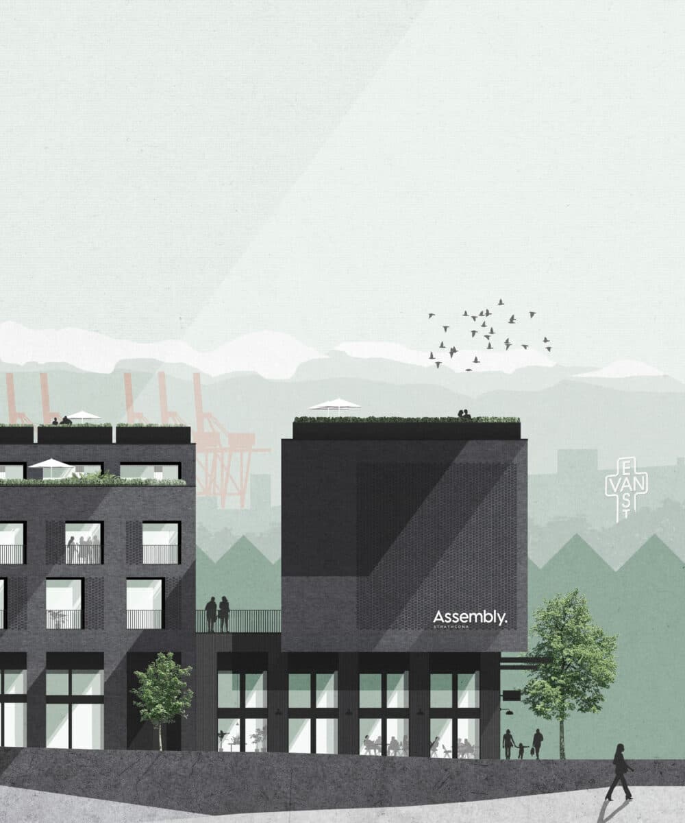 Naímo – Illustrated architectural rendering of a building's street-facing elevation with rooftop patios, ground-floor storefronts, and mountains in the background.