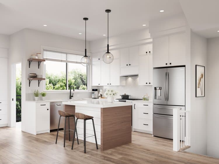Jasper – Modern kitchen featuring white cabinetry, quartz countertops, and stainless steel appliances, with a wood-accented island, two counter stools, and suspended glass pendant lights.