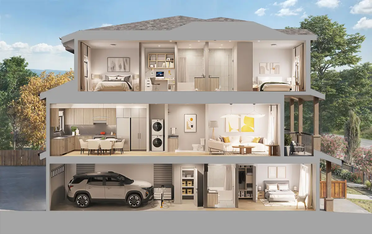 Everly – A three-story architectural cross-section cutaway reveals the fully furnished interior of a modern home, showing a ground-level garage and bedroom suite beneath a main living floor and top-floor bedrooms. The rooms are finished in neutral tones and light wood cabinetry, set against a bright daytime neighborhood backdrop.