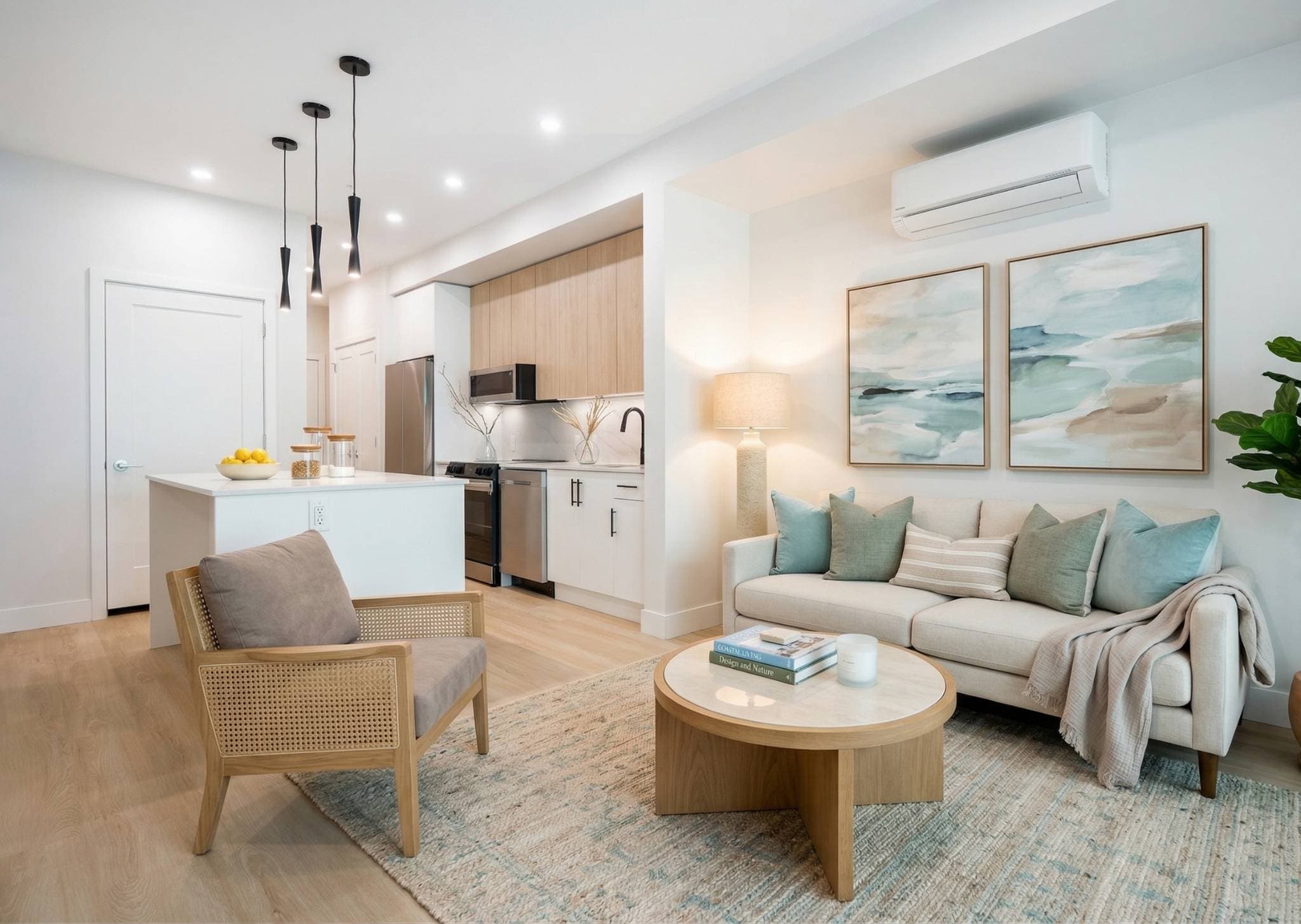 Sage 3 – U-shaped kitchen with light wood upper cabinets, white lower cabinets, stainless fridge, stove and microwave, and a bowl of tomatoes on the counter.