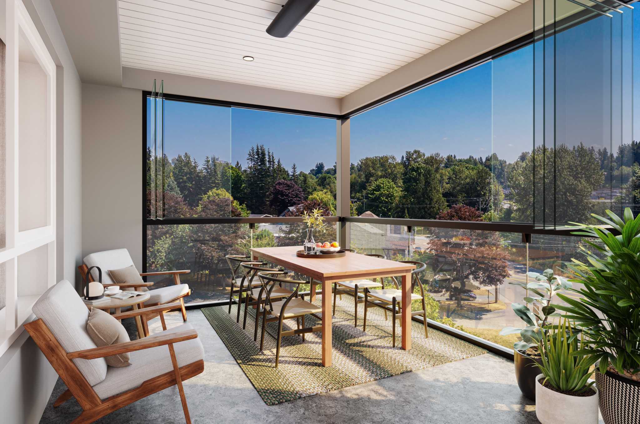 Sage 3 – Glass-enclosed solarium/sunroom with a wood dining table, metal-frame chairs, and lounge seating, overlooking treetops and neighboring rooftops.