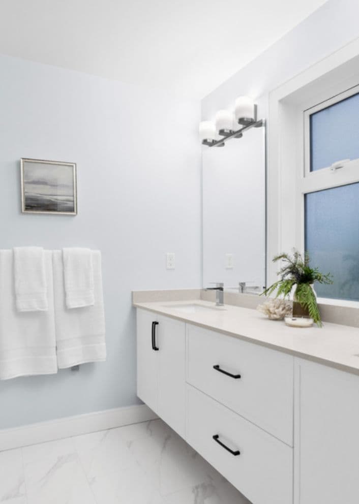 Raven's Park – Bathroom with a white double vanity, black hardware, a wall-mounted light fixture over a large mirror, and a window with frosted glass.