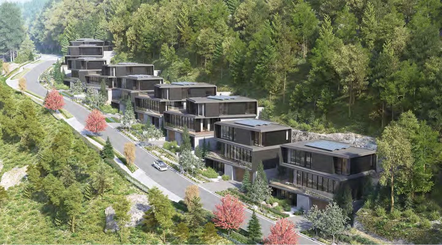 The Collection – Aerial daytime rendering of a row of modern dark-panel houses with flat roofs and solar panels, built into a forested hillside along a curving road.