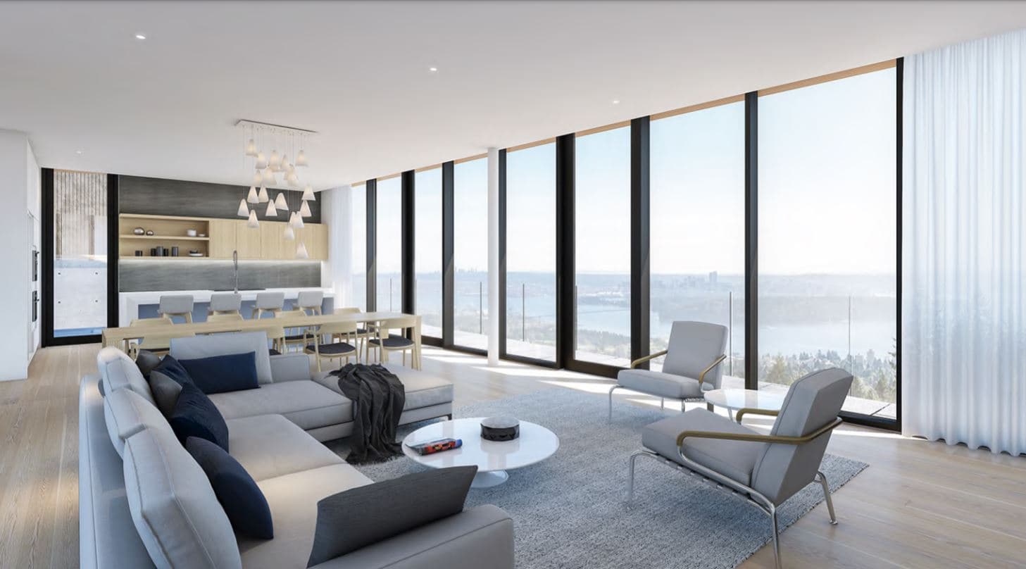 The Collection – Open-concept living room and kitchen rendering with grey sectional sofa and armchairs, dining table, and floor-to-ceiling windows showing a wide water and city view in the distance.