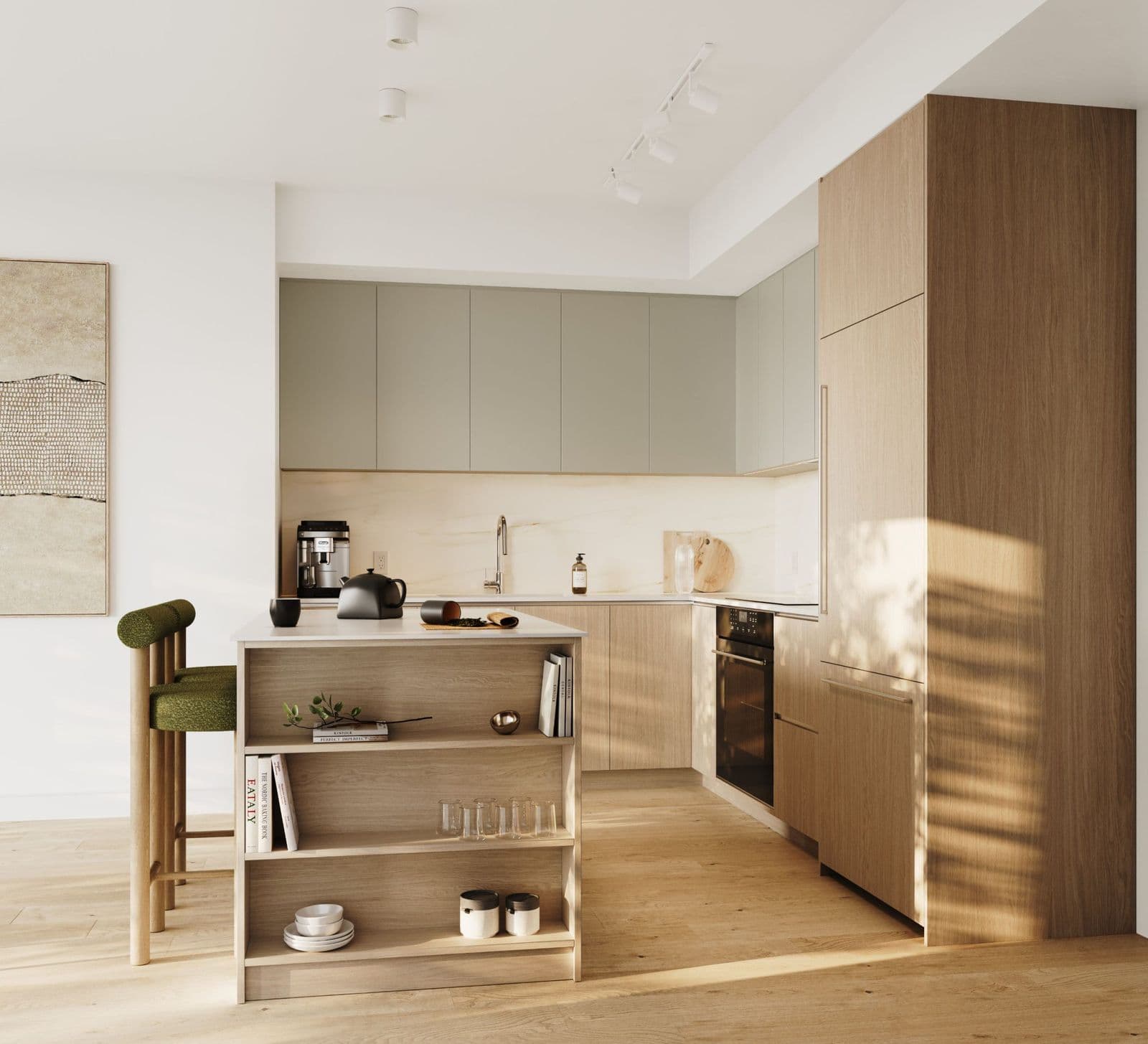 Koen – Kitchen with sage green upper cabinets, wood lower cabinets, and a wood island with open shelving.