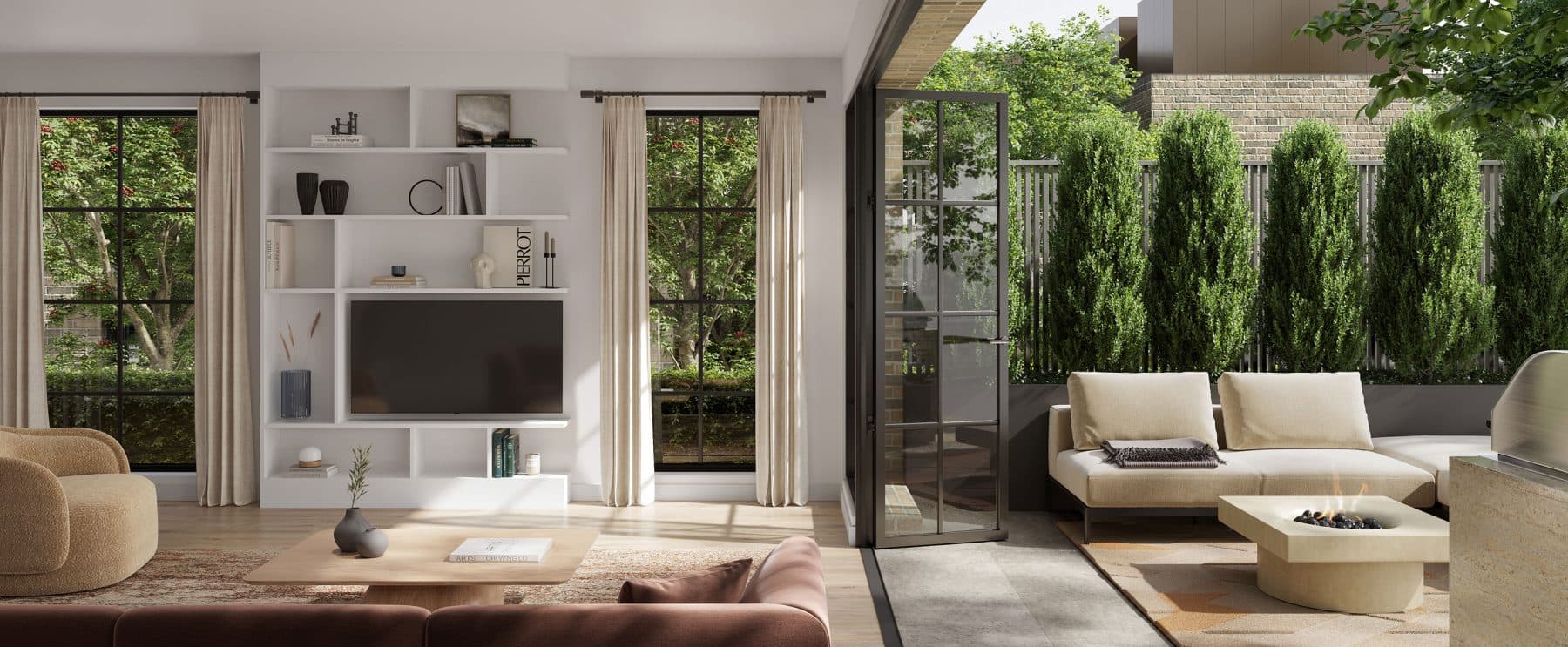 King and Columbia – A bright, open-plan living room seamlessly transitions through black grid glass bi-fold doors to a private outdoor patio. The interior features built-in white shelving around a wall-mounted TV, light wood flooring, and natural light, while the patio includes comfortable lounge seating, a fire pit, and a row of tall cypress trees along a privacy fence.