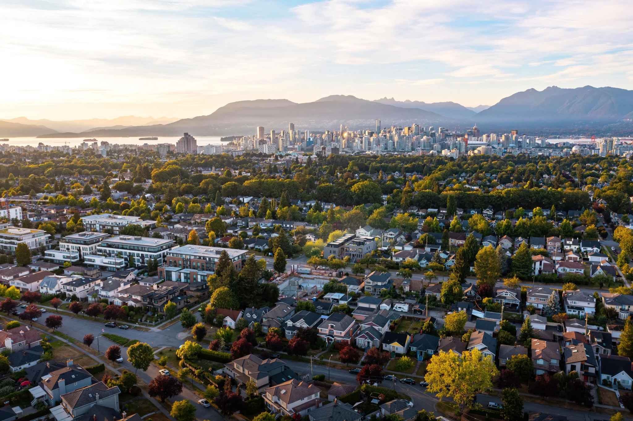 King and Columbia – An elevated drone perspective showcases a lush suburban neighborhood filled with leafy trees and detached houses, stretching toward a distant city skyline along the ocean inlet. The scene is illuminated by warm late afternoon light with hazy mountain peaks spanning the background under a soft blue sky.