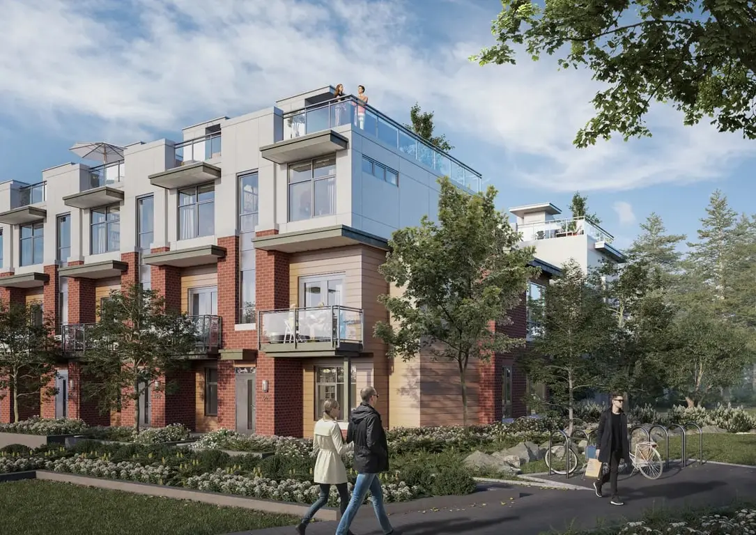 Emerald – Street-level rendering of red brick and white-panel townhomes with private balconies and rooftop decks, with pedestrians and bike racks on the walkway in front.